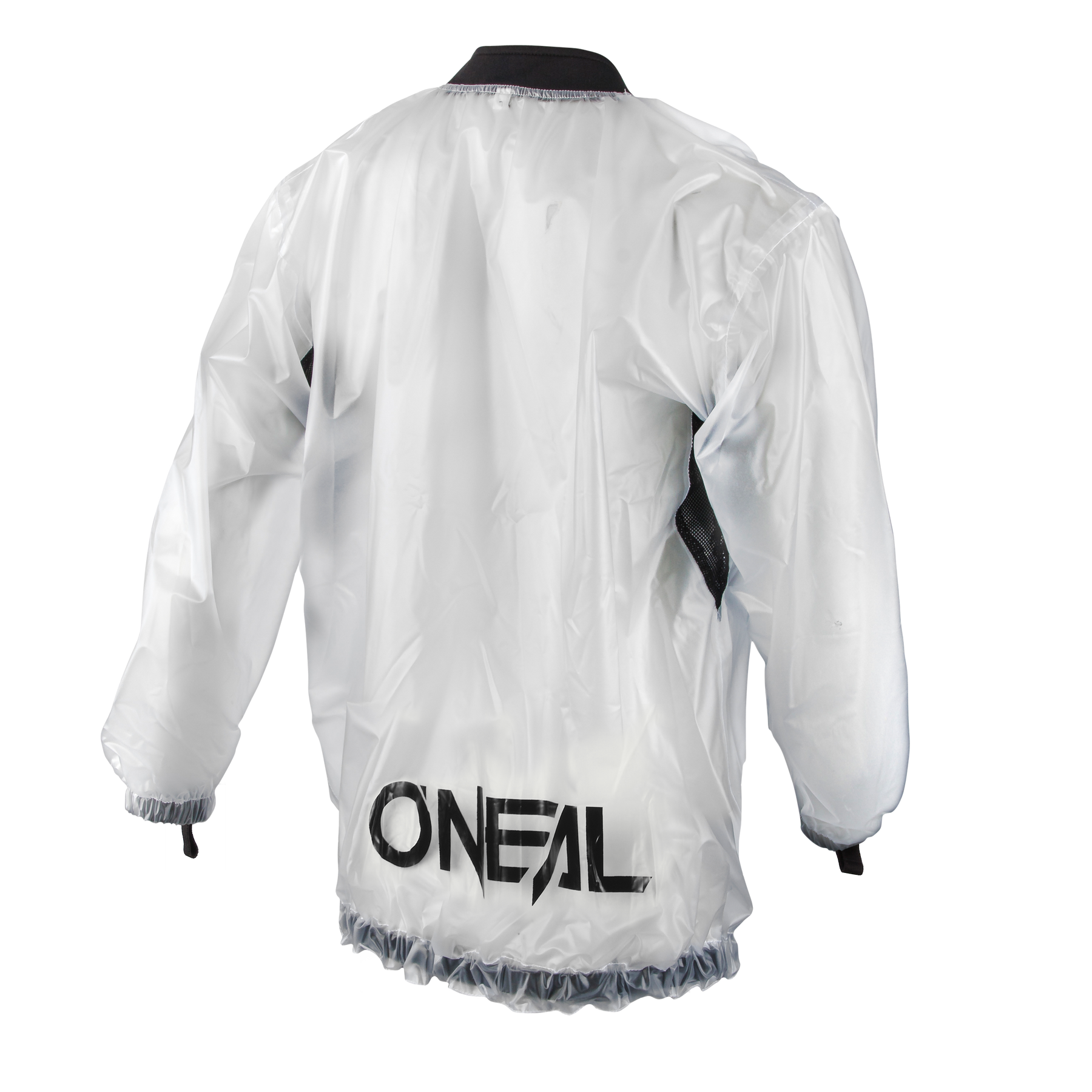Die O'NEAL SPLASH Regenjacke ist eine durchsichtige, langärmelige Regenjacke von O'NEAL mit elastischen Bündchen und Bund. Auf dem Rücken ist in fetten schwarzen Buchstaben "O'NEAL" vor einem schlichten weißen Hintergrund aufgedruckt.