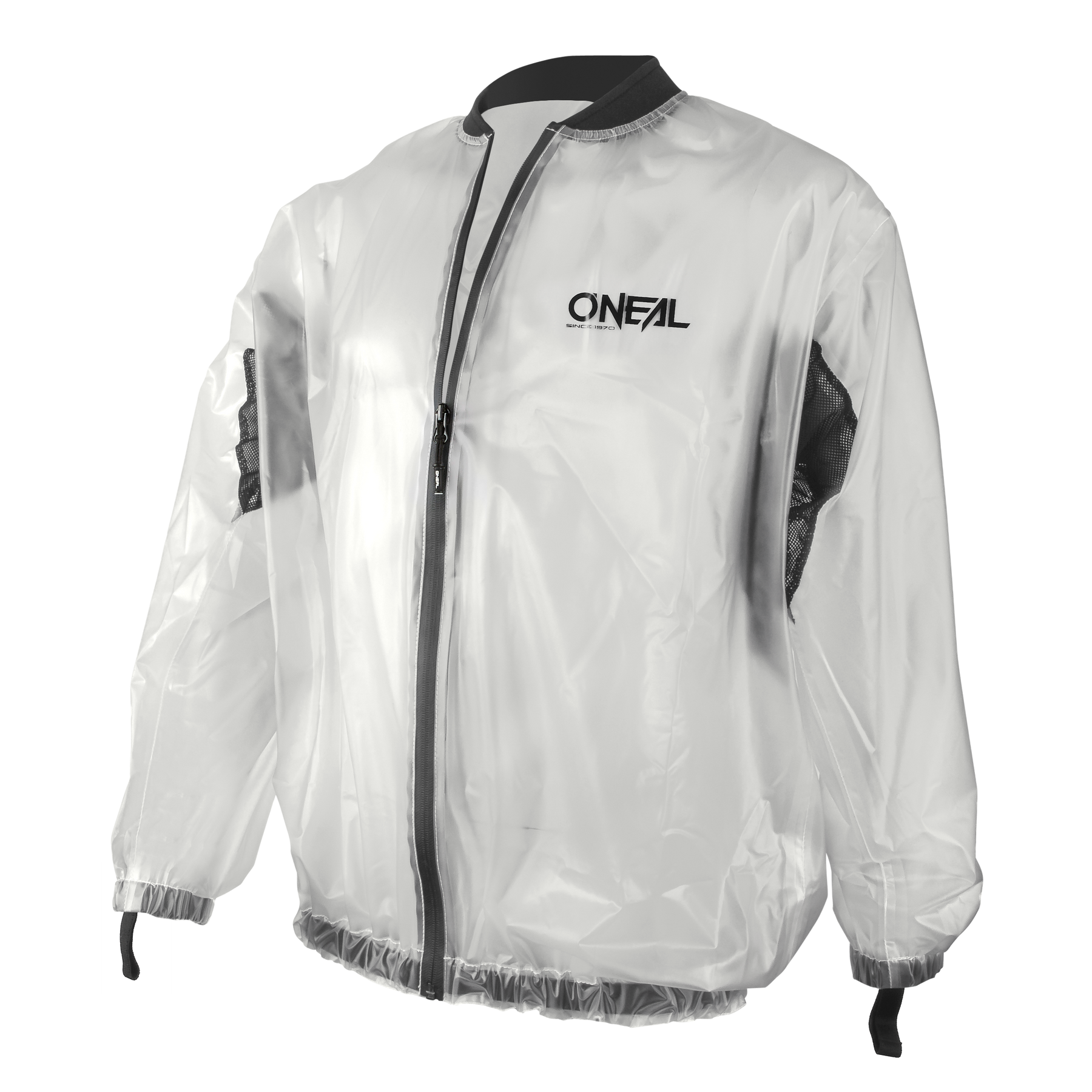 Die O'NEAL SPLASH Regenjacke ist eine transparente Regenjacke mit schwarzem Besatz, Frontreißverschluss, elastischen Ärmelbündchen und Saum, schwarzen Mesh-Seiteneinsätzen und dem O'NEAL-Logo auf der linken Brustseite.