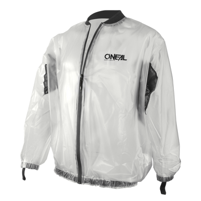 Die O'NEAL SPLASH Regenjacke ist eine transparente Regenjacke mit schwarzem Besatz, Frontreißverschluss, elastischen Ärmelbündchen und Saum, schwarzen Mesh-Seiteneinsätzen und dem O'NEAL-Logo auf der linken Brustseite.