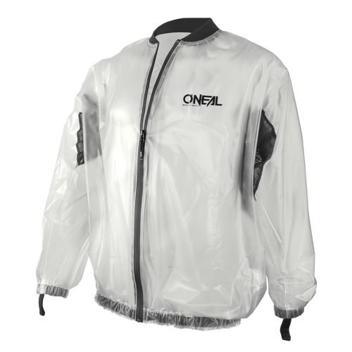 Die O'NEAL SPLASH Regenjacke ist eine transparente Regenjacke mit schwarzem Besatz, Frontreißverschluss, elastischen Ärmelbündchen und Saum, schwarzen Mesh-Seiteneinsätzen und dem O'NEAL-Logo auf der linken Brustseite.