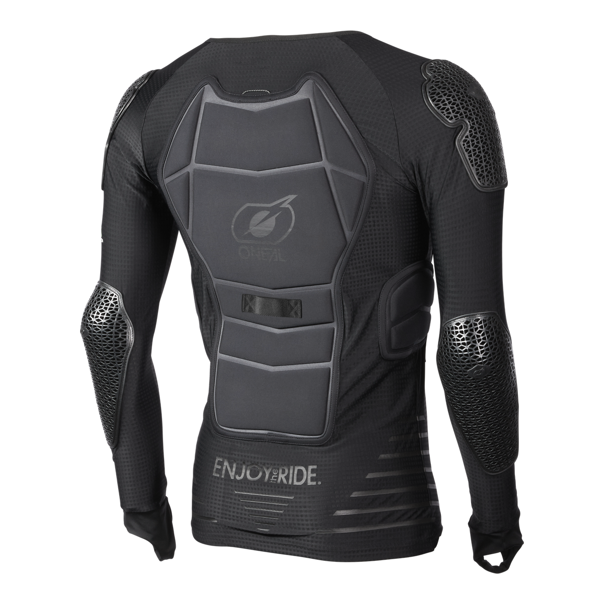 Das O'NEAL STV Langarm Protektor Shirt von O'NEAL ist ein schwarzes Langarm-MTB-Shirt mit gepolstertem Rücken-, Schulter- und Ellbogenschutz. Der Schriftzug "ENJOYERIDE." ist auf dem unteren Rücken aufgedruckt (von hinten gesehen).