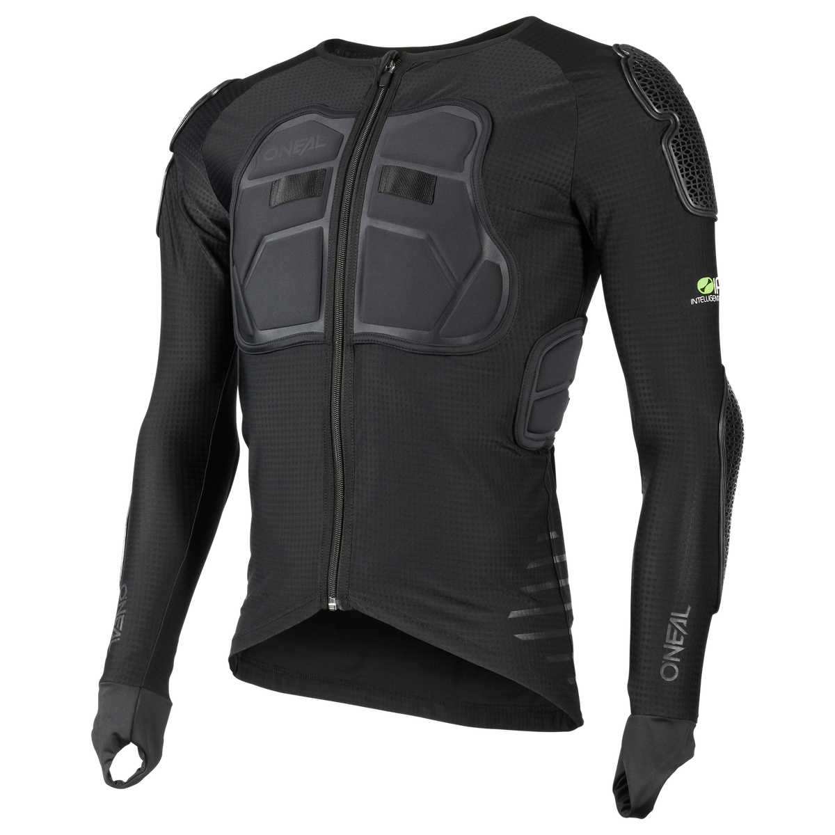 Das O'NEAL STV Langarm Protektor Shirt ist ein schwarzes Langarmshirt für MX oder MTB, mit Brust-, Schulter- und Ellbogenpolsterung, Frontreißverschluss und "O'NEAL"-Branding auf der Brust und einem Ärmel.