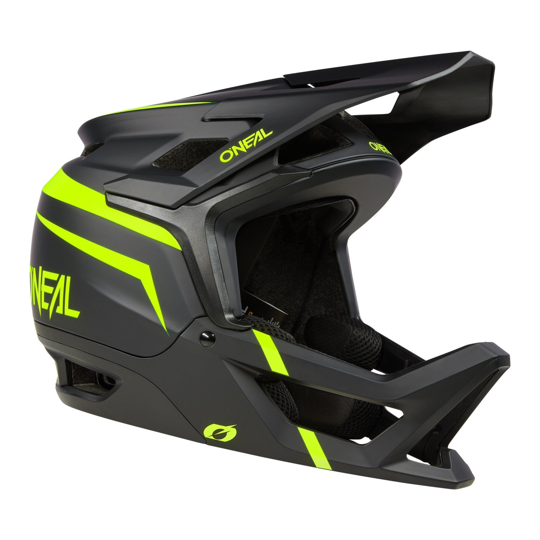 Der O'NEAL TRANSITION TwiceMe Helmet FLASH ist ein Vollvisierhelm in Schwarz und Neongelb mit Visier, kantigen Belüftungsöffnungen und auffälligen Streifen. Er bietet ein elegantes Design und optimalen Schutz bei jeder Fahrt.