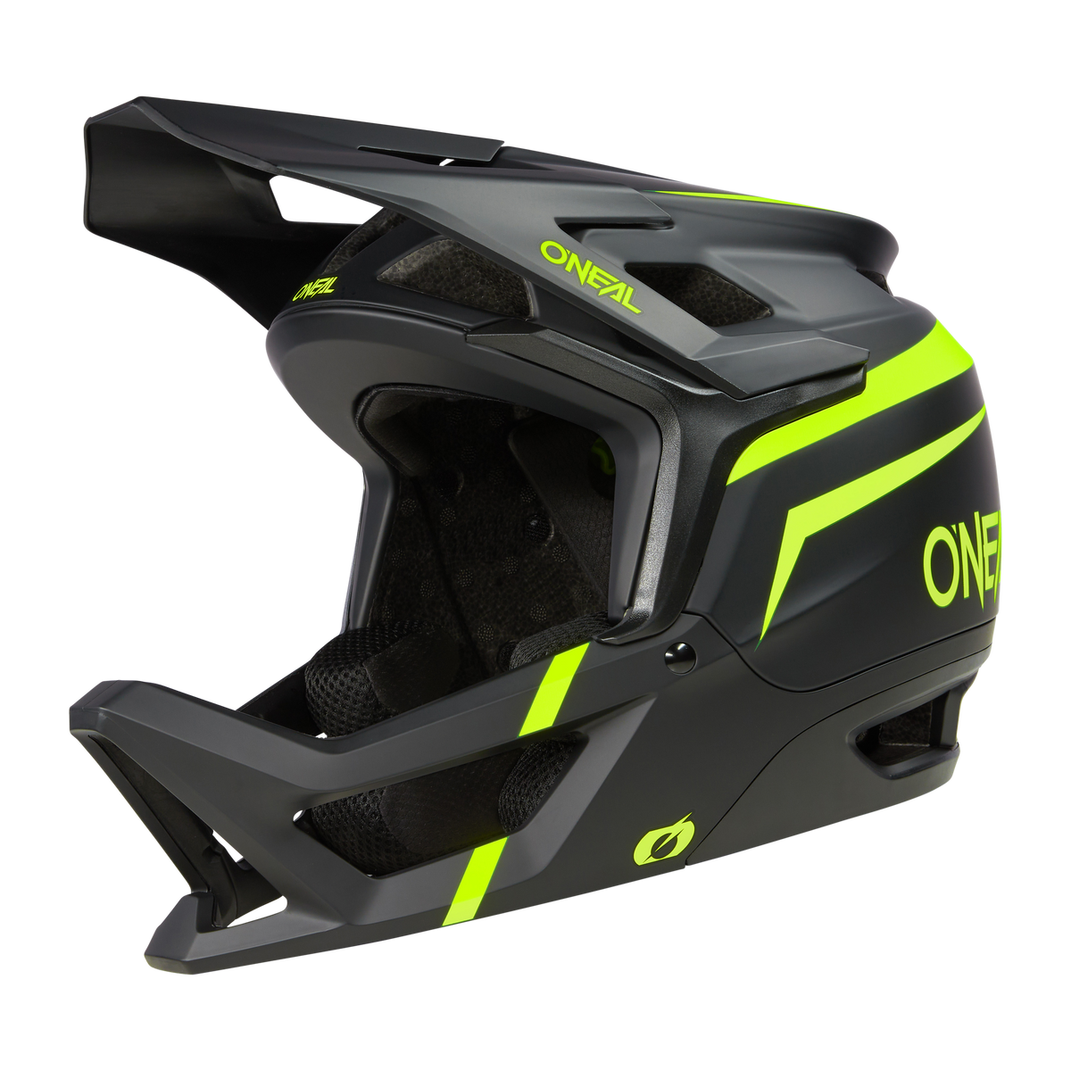 Der O'NEAL TRANSITION TwiceMe Helmet FLASH hat ein mattschwarzes Finish mit neongelben Akzenten, ein großes Visier, Belüftungsöffnungen, einen stabilen Kinnschutz und ein auffälliges Seitenlogo für maximalen Schutz und Style.