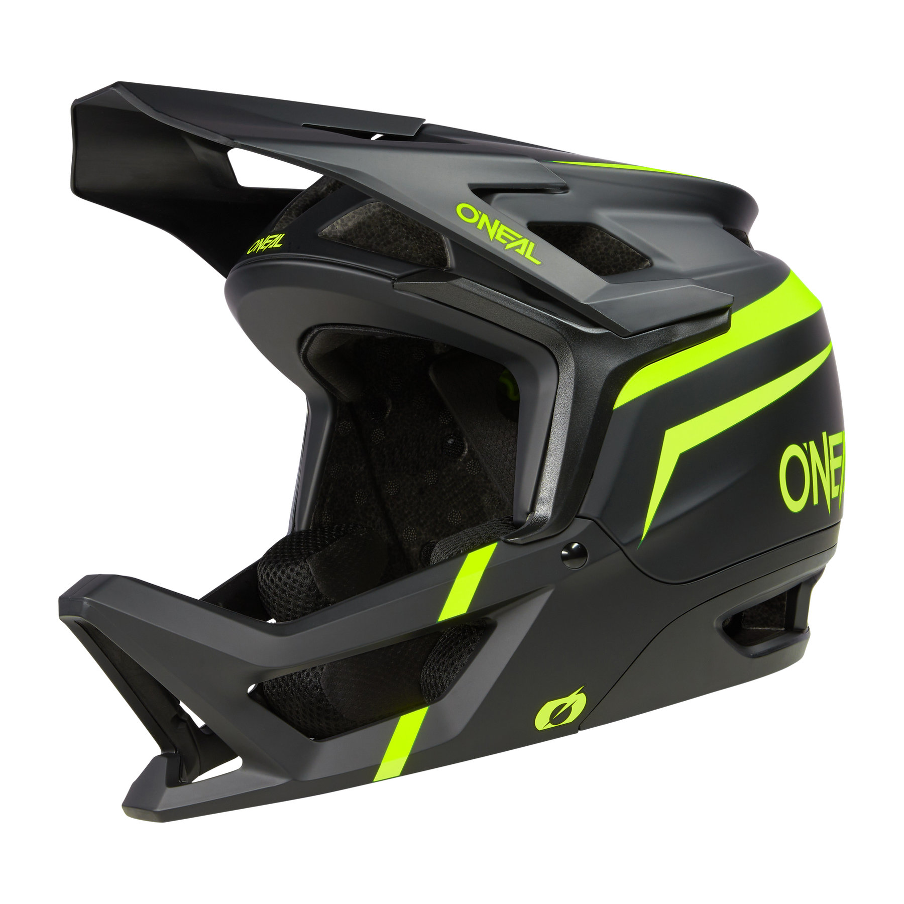Der O'NEAL TRANSITION TwiceMe Helmet FLASH hat ein mattschwarzes Finish mit neongelben Akzenten, ein großes Visier, Belüftungsöffnungen, einen stabilen Kinnschutz und ein auffälliges Seitenlogo für maximalen Schutz und Style.