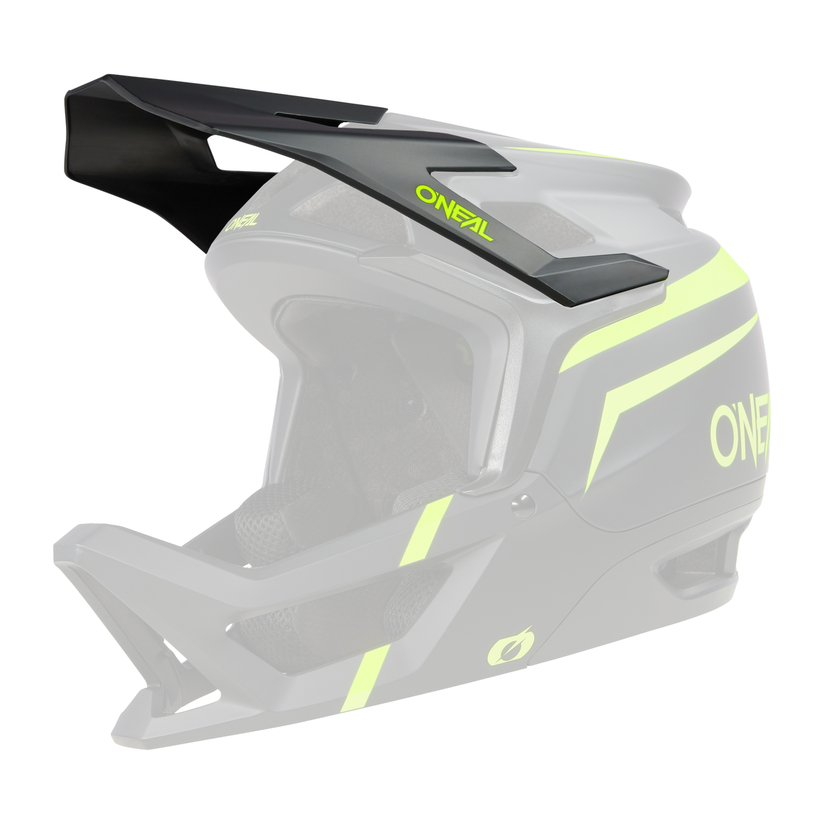 Der O'NEAL Visor TRANSITION Helmet FLASH ist ein schwarzer Integralhelm mit leuchtend grünen Akzenten und einem großen Visier, der für Off-Road- oder Mountainbike-Fahrten entwickelt wurde und auf einem schlichten schwarzen Hintergrund steht.