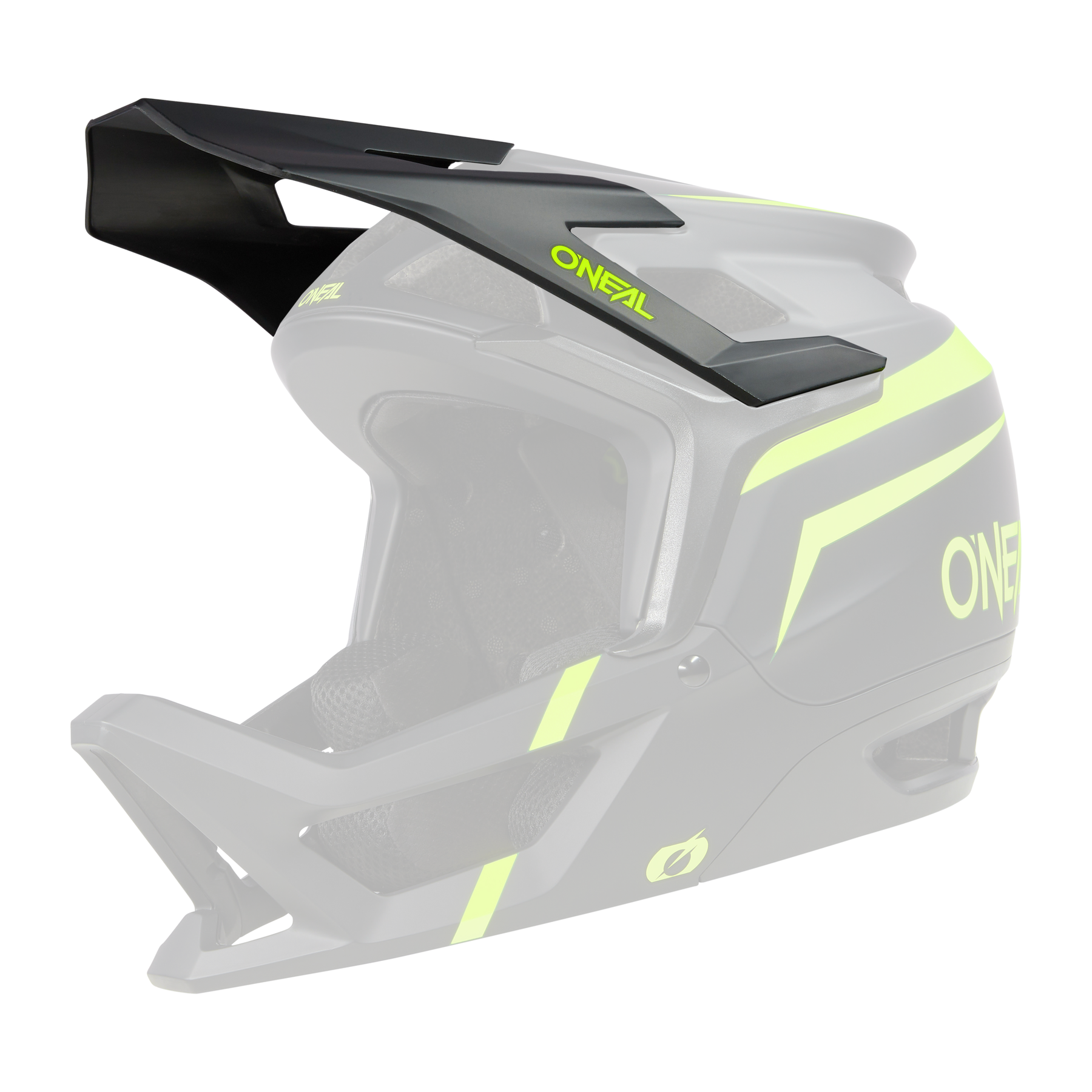 Der O'NEAL Visor TRANSITION Helmet FLASH ist ein schwarzer Integralhelm mit leuchtend grünen Akzenten und einem großen Visier, der für Off-Road- oder Mountainbike-Fahrten entwickelt wurde und auf einem schlichten schwarzen Hintergrund steht.