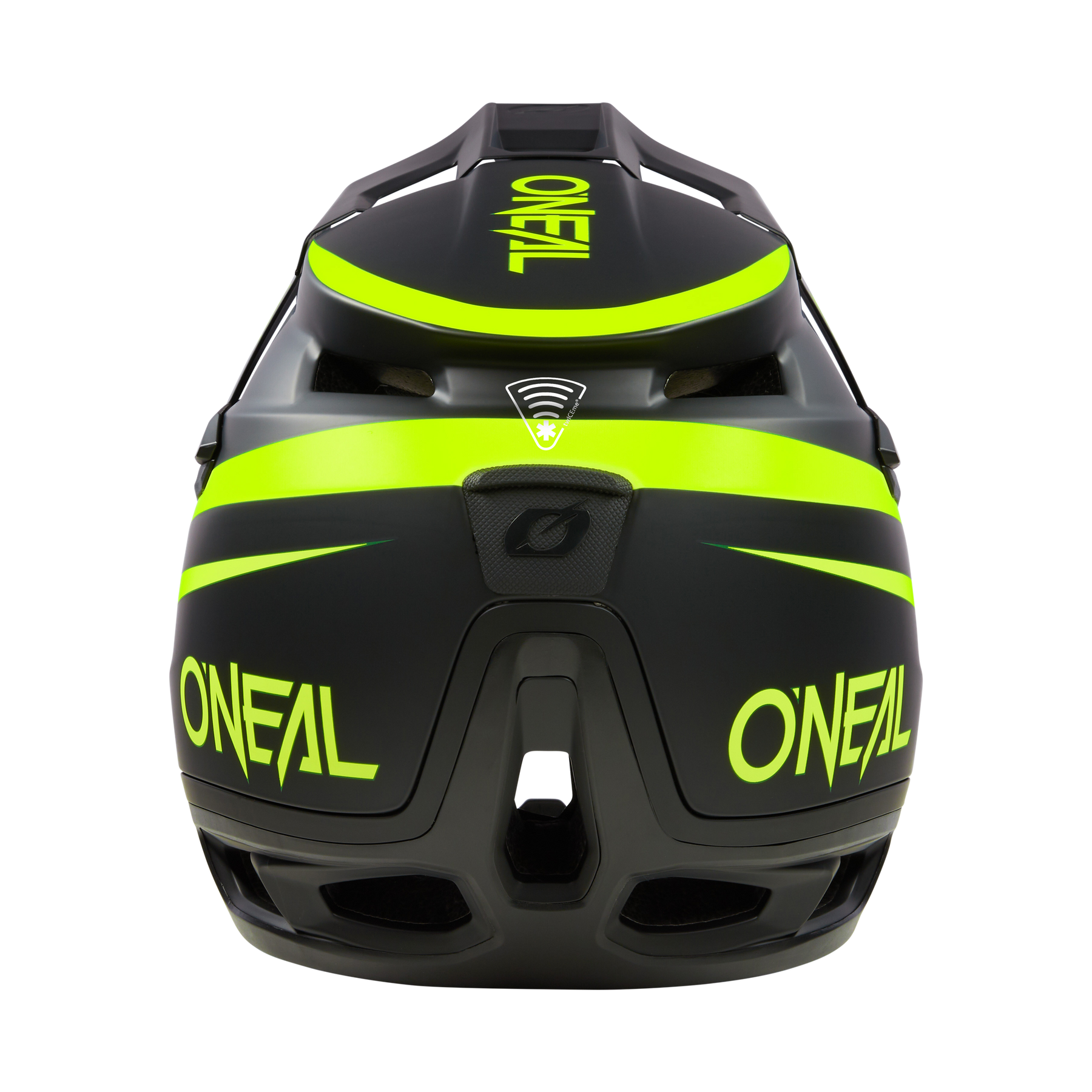 Der O'NEAL TRANSITION TwiceMe Helmet FLASH, von hinten in Schwarz mit neongelben Akzenten und "O'NEAL"-Branding, bietet optimalen Schutz, Belüftungsöffnungen und ein schlankes, aerodynamisches Design.