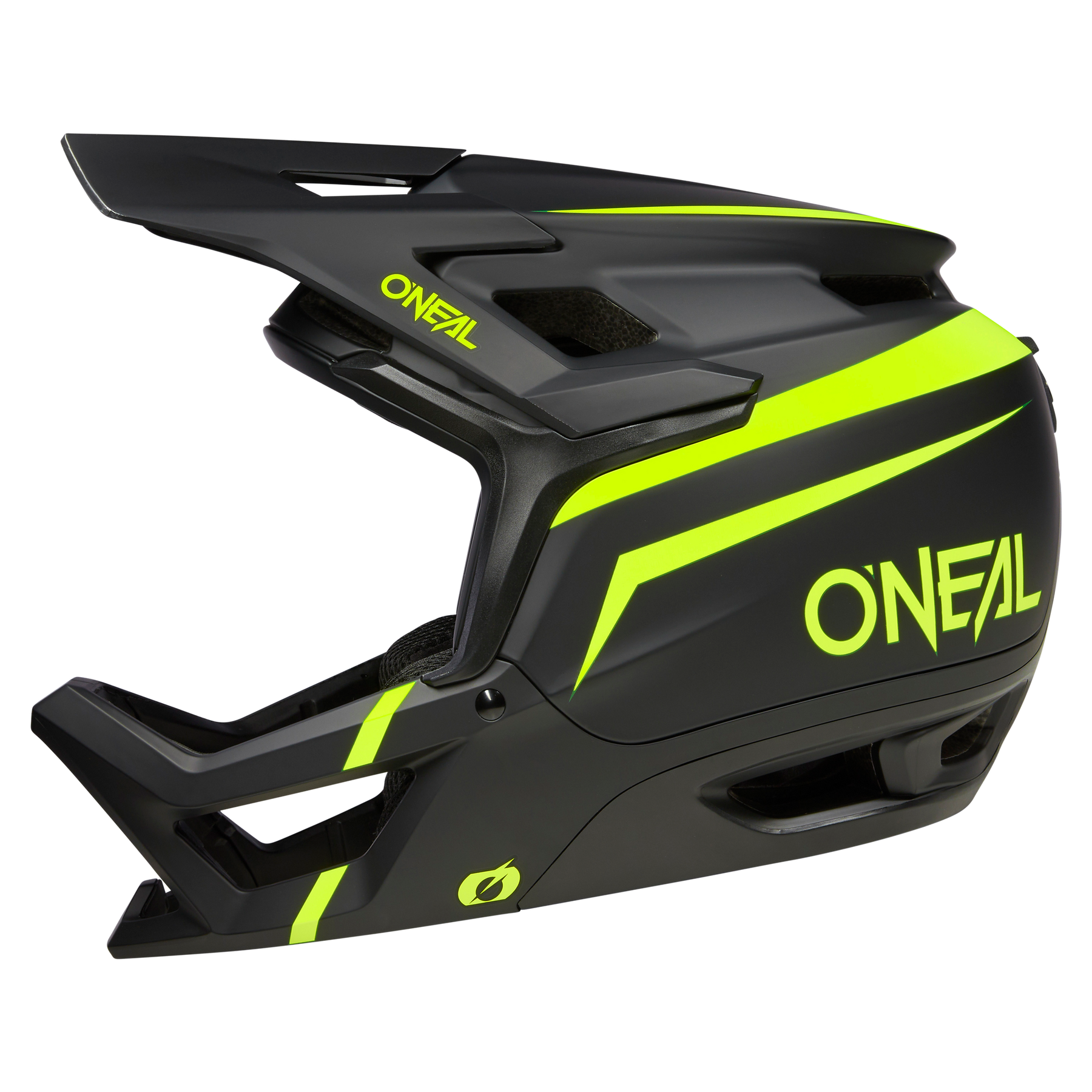 Der O'NEAL TRANSITION TwiceMe Helmet FLASH ist ein schwarzer Integralhelm mit neongelben Streifen und Logo. Er verfügt über ein Visier und einen Kinnschutz für optimalen Schutz beim Biken oder Motocrossfahren.