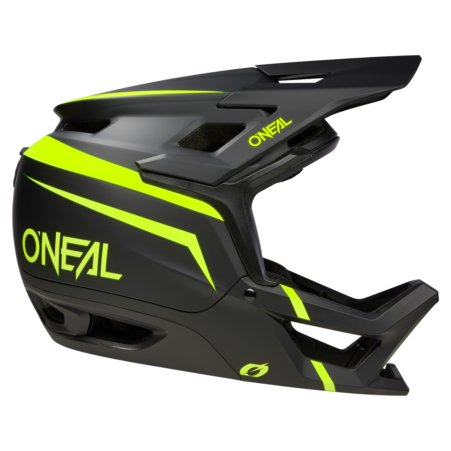 Der O'NEAL TRANSITION TwiceMe Helmet FLASH ist ein schwarzer Integralhelm mit leuchtend gelb-grünen Akzenten und Logo, der optimalen Schutz für Offroad-Biking oder Motocross bietet, im Profil auf weißem Hintergrund.