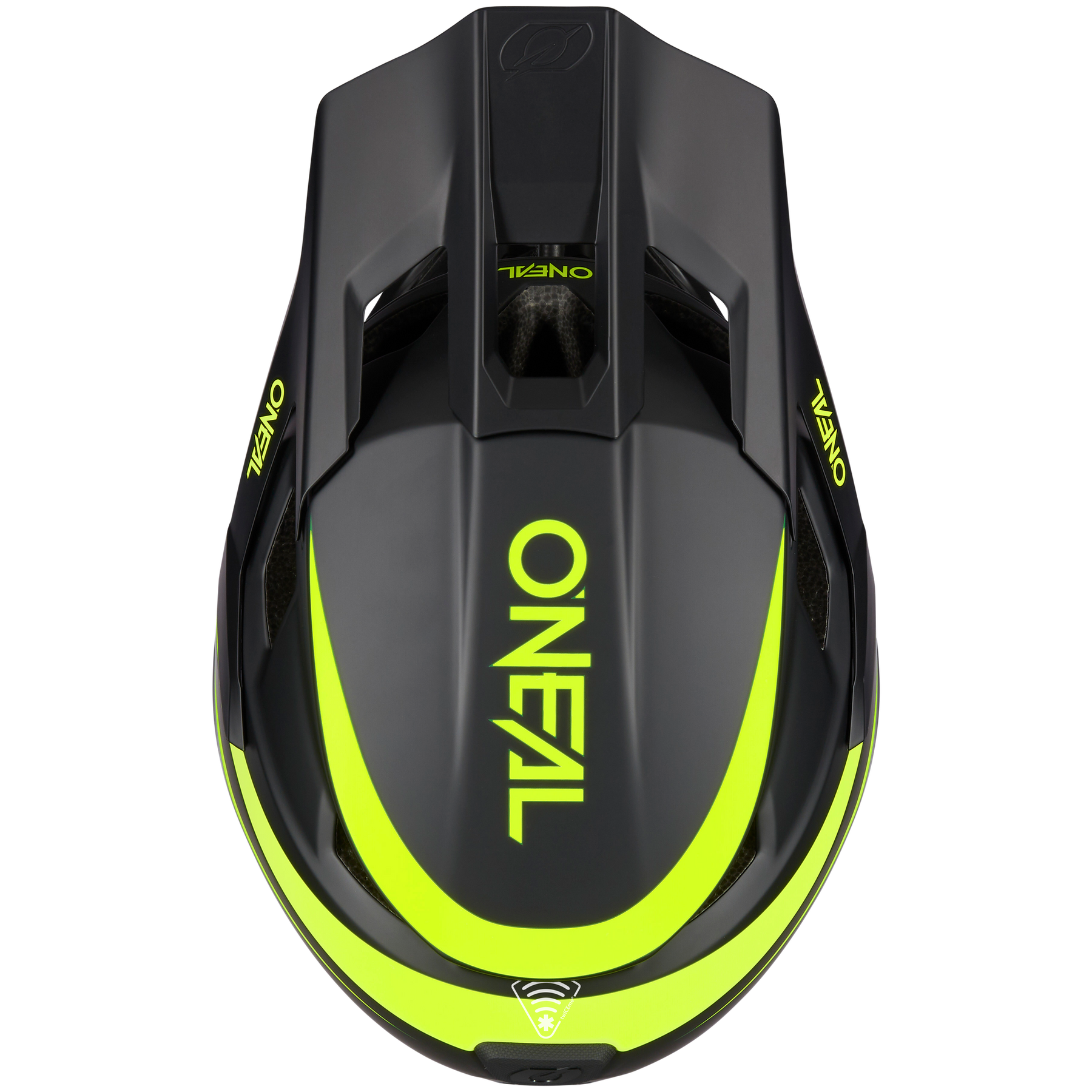 Der O'NEAL TRANSITION TwiceMe Helmet FLASH von O'NEAL in Schwarz mit leuchtend gelben Akzenten und auffälligem Branding bietet auffälligen Stil und optimalen Schutz für jede Fahrt.