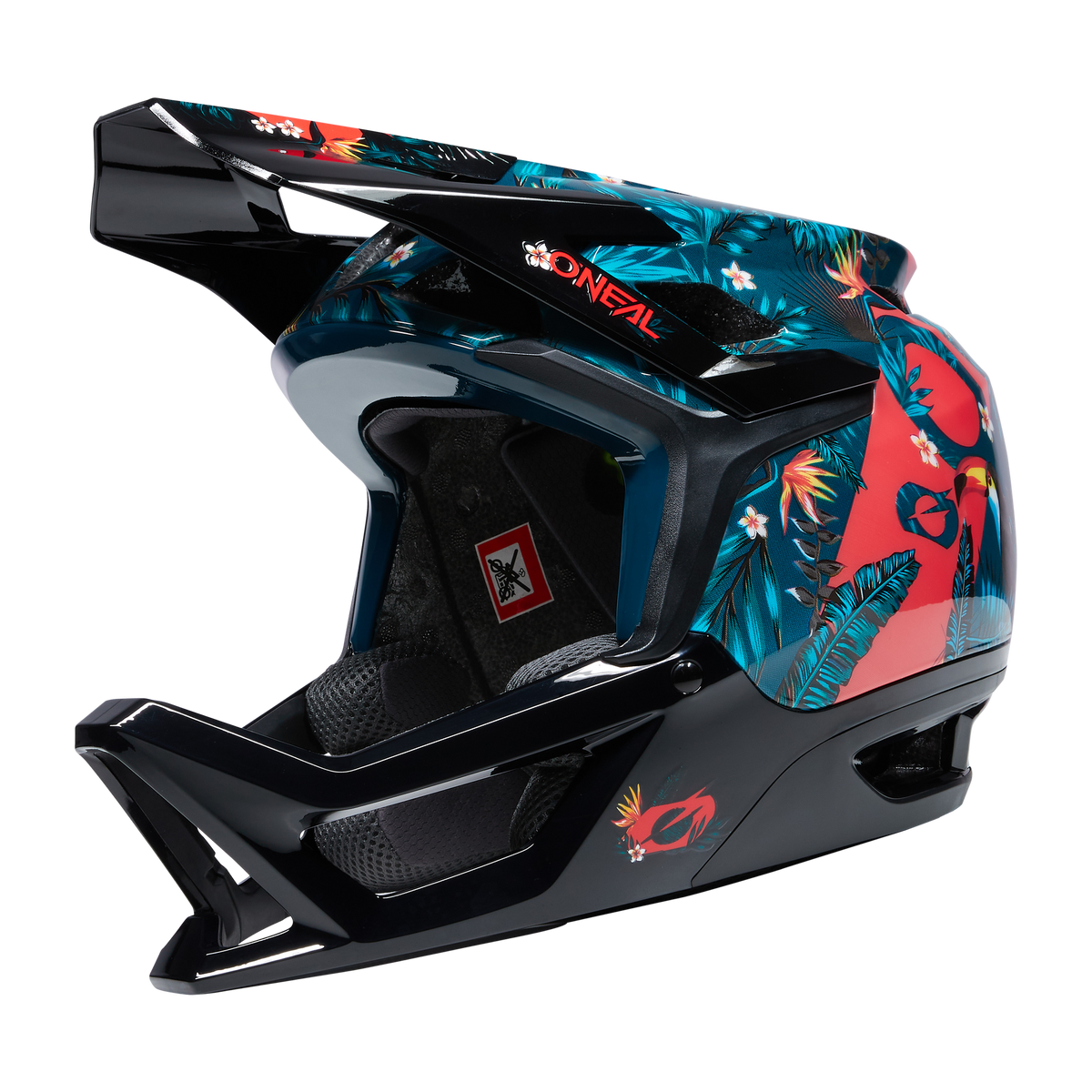 Der O'NEAL TRANSITION TwiceMe Helm RIO verfügt über ein Vollgesichtsdesign, ein glänzendes schwarzes Finish mit tropischen grünen Blättern und roten Papageien, ein großes Visier und ein auffälliges "O'NEAL"-Branding an der Seite und am Visier für optimalen Schutz und Stil.