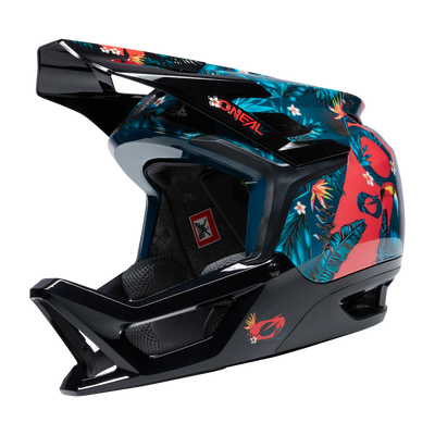 Der O'NEAL TRANSITION TwiceMe Helm RIO verfügt über ein Vollgesichtsdesign, ein glänzendes schwarzes Finish mit tropischen grünen Blättern und roten Papageien, ein großes Visier und ein auffälliges "O'NEAL"-Branding an der Seite und am Visier für optimalen Schutz und Stil.