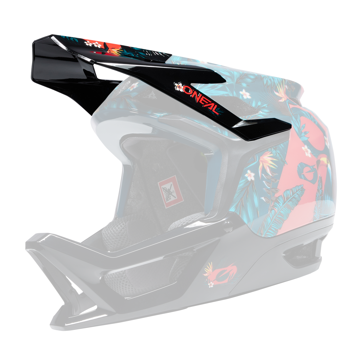 Der O'NEAL Visor TRANSITION Helm RIO ist ein Fullface-Motocross-Helm mit einem tropischen Blatt- und Papageiendesign auf schwarzem und rotem Hintergrund, großem Visier und ausreichender Belüftung.