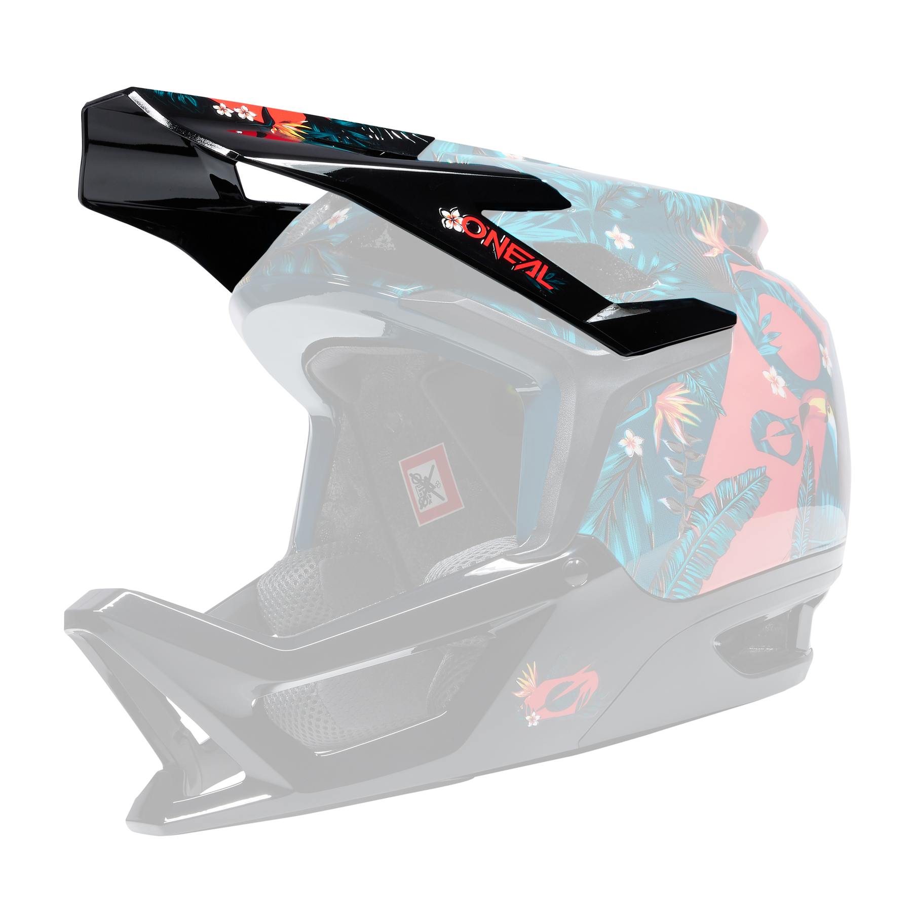 Der O'NEAL Visor TRANSITION Helm RIO ist ein Fullface-Motocross-Helm mit einem tropischen Blatt- und Papageiendesign auf schwarzem und rotem Hintergrund, großem Visier und ausreichender Belüftung.