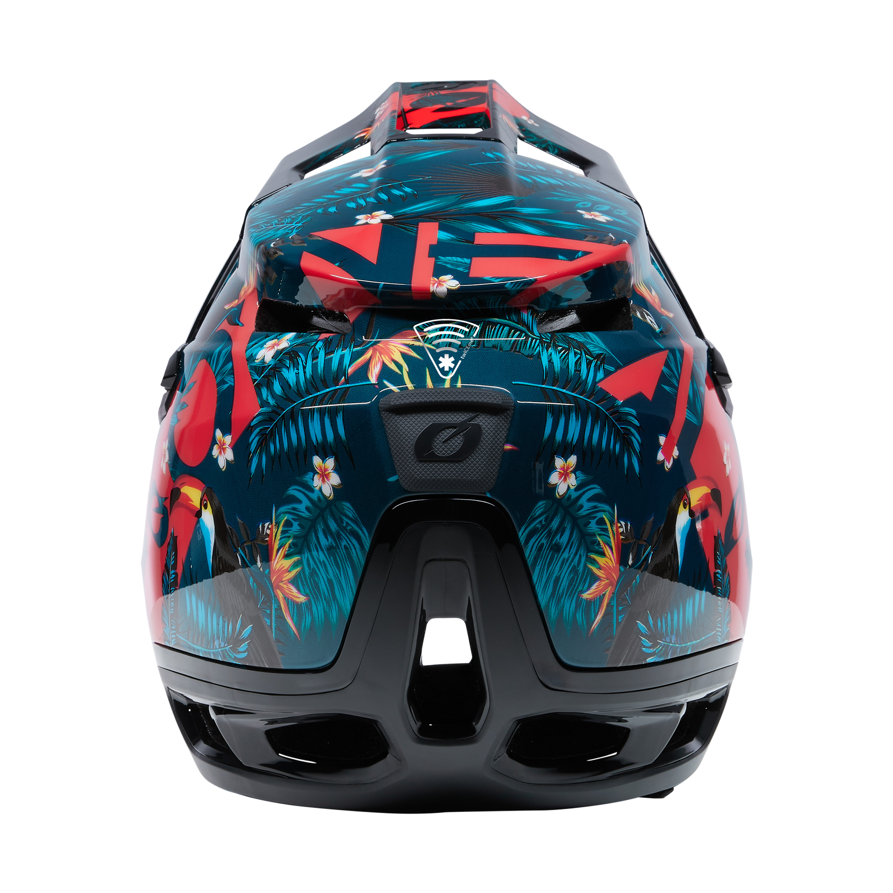 Der O'NEAL TRANSITION TwiceMe Helm RIO bietet optimalen Schutz mit einem tropischen Palmenblatt-, Blumen- und roten geometrischen Design auf Schwarz, von hinten gesehen.