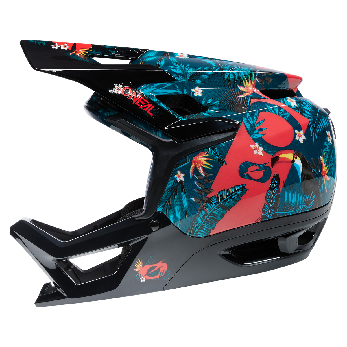 Der O'NEAL TRANSITION TwiceMe Helmet RIO bietet Top-Schutz mit einem schwarz/tealfarbenen Vollgesichtsdesign, auffälligen tropischen Grafiken - Flamingos, Tukane, Palmenblätter und weiße Blumen - und einem integrierten Visier für Stil und Sicherheit.