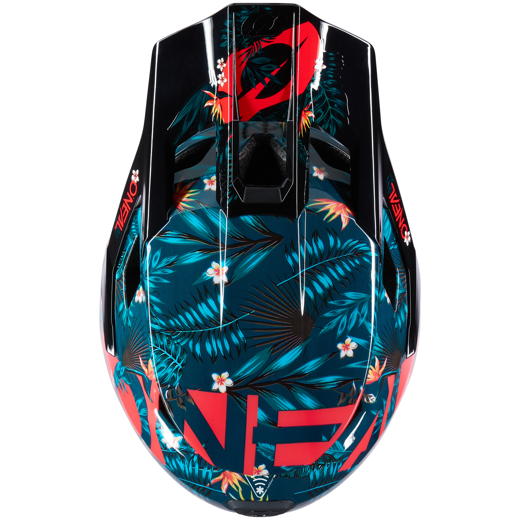Draufsicht auf den O'NEAL TRANSITION TwiceMe Helm RIO in Schwarz, hervorgehoben durch leuchtend rote Akzente und ein tropisches Muster mit grünen Palmenblättern und weißen Blüten. Das O'NEAL-Logo in Rot kombiniert Stil mit optimalem Schutz.