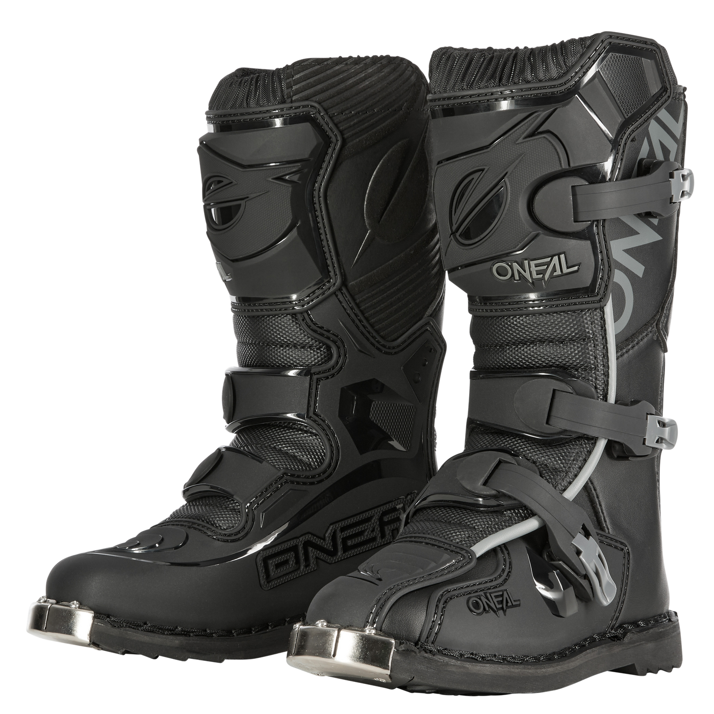 Ein Paar schwarze O'NEAL TRIBUTE Stiefel Kinder Motocross-Stiefel mit Metallkappen, dicken Sohlen, Schutzplatten, verstellbaren Schnallen vorne und an der Seite und dem grauen O'NEAL-Logo.