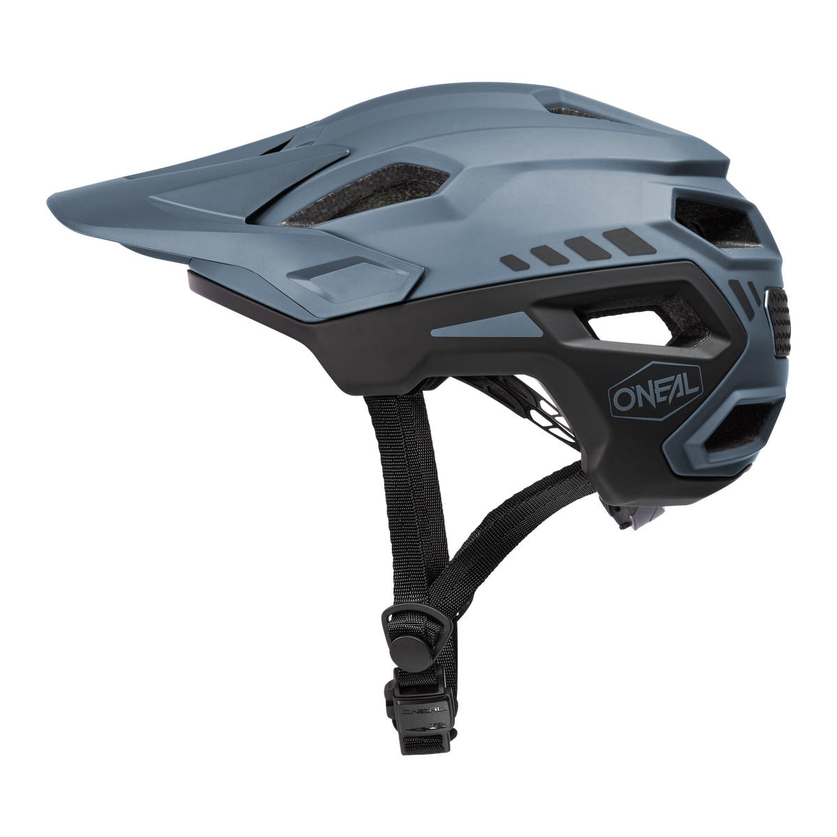 Der O'NEAL TRAILFINDER Helm SPLIT verfügt über ein mattblaues Finish, einen schwarzen, verstellbaren Riemen, ein verlängertes Visier und Belüftungslöcher - ideal für Mountainbiker, die Stil und Schutz suchen.