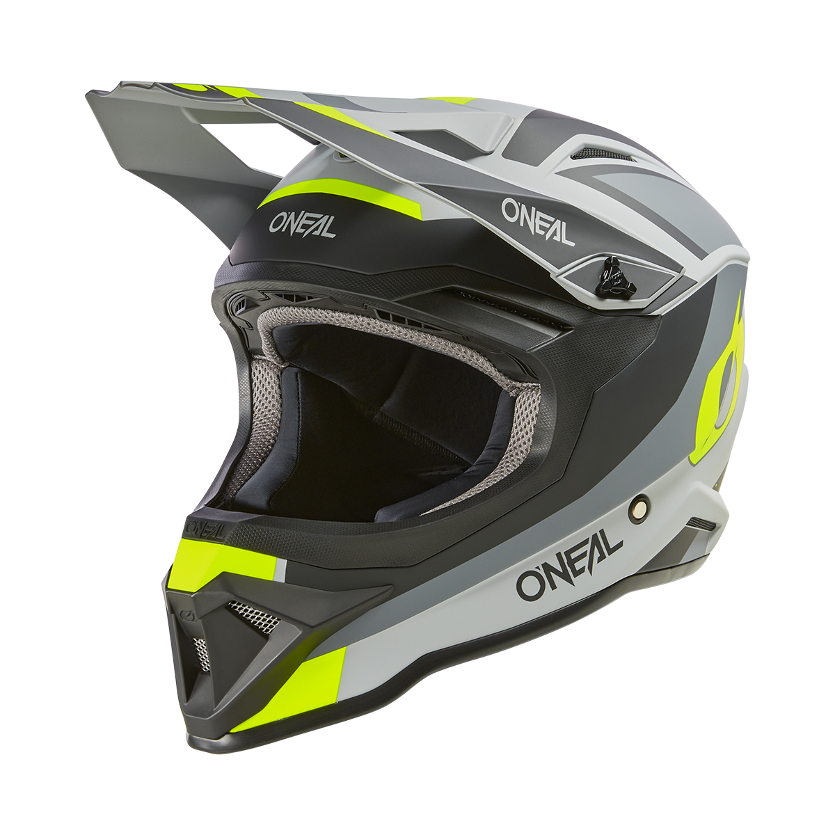 Der O'NEAL 1SRS Helm Kinder STREAM ist ein hochwertiger ABS-Motocross-Helm in Schwarz, Grau und Neongelb mit aerodynamischen Belüftungsöffnungen, sichtbarer Innenpolsterung, großem Visier und markanten O'NEAL-Logos auf der Front und an der Seite.