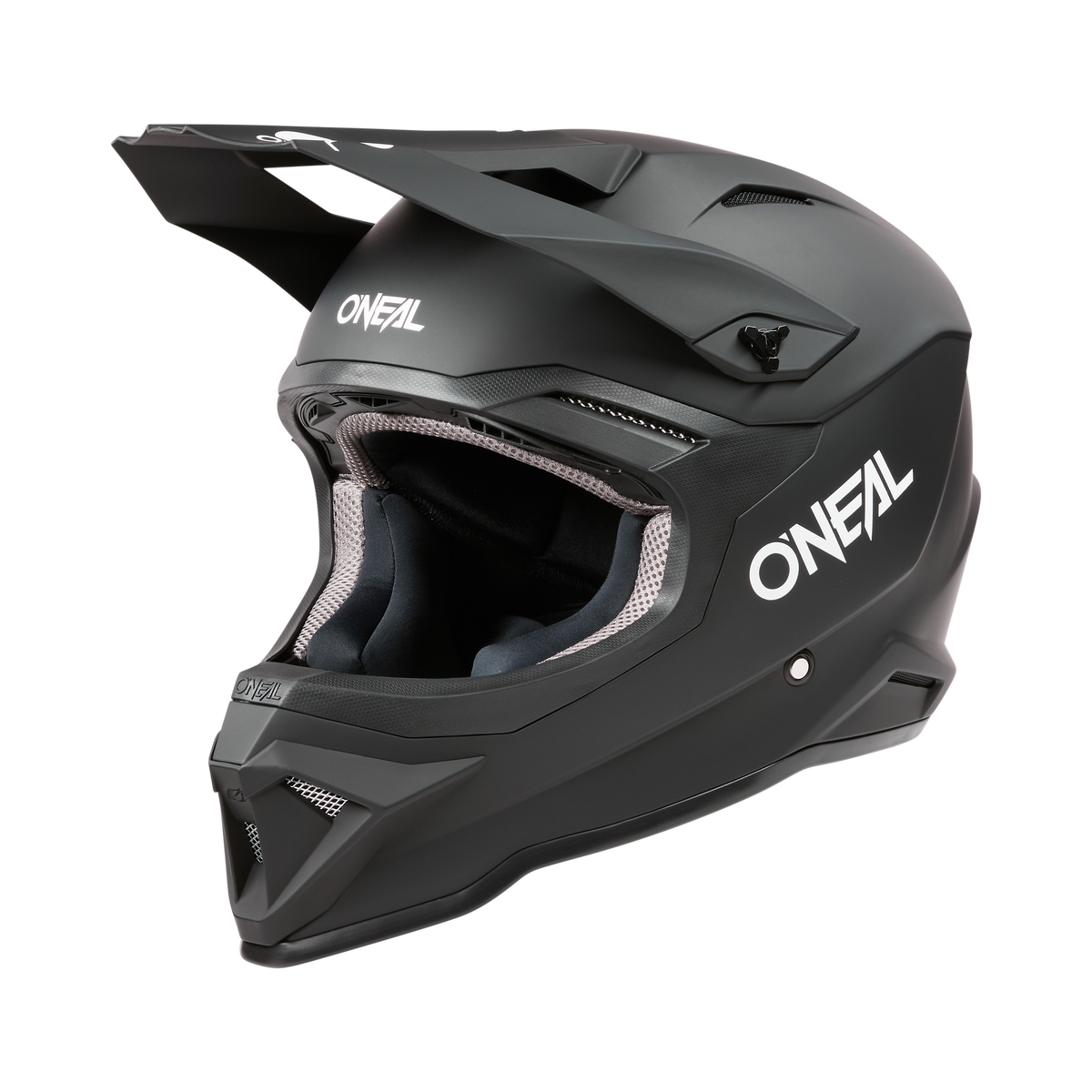Der O'NEAL 1SRS Helm SOLID ist ein mattschwarzer Fullface-Motocross-Helm mit einem großen Visier, aerodynamischen Belüftungsöffnungen und auffälligen weißen O'NEAL-Logos an den Seiten und auf der Vorderseite, die die Qualität der Technik vor dem schwarzen Hintergrund hervorheben.