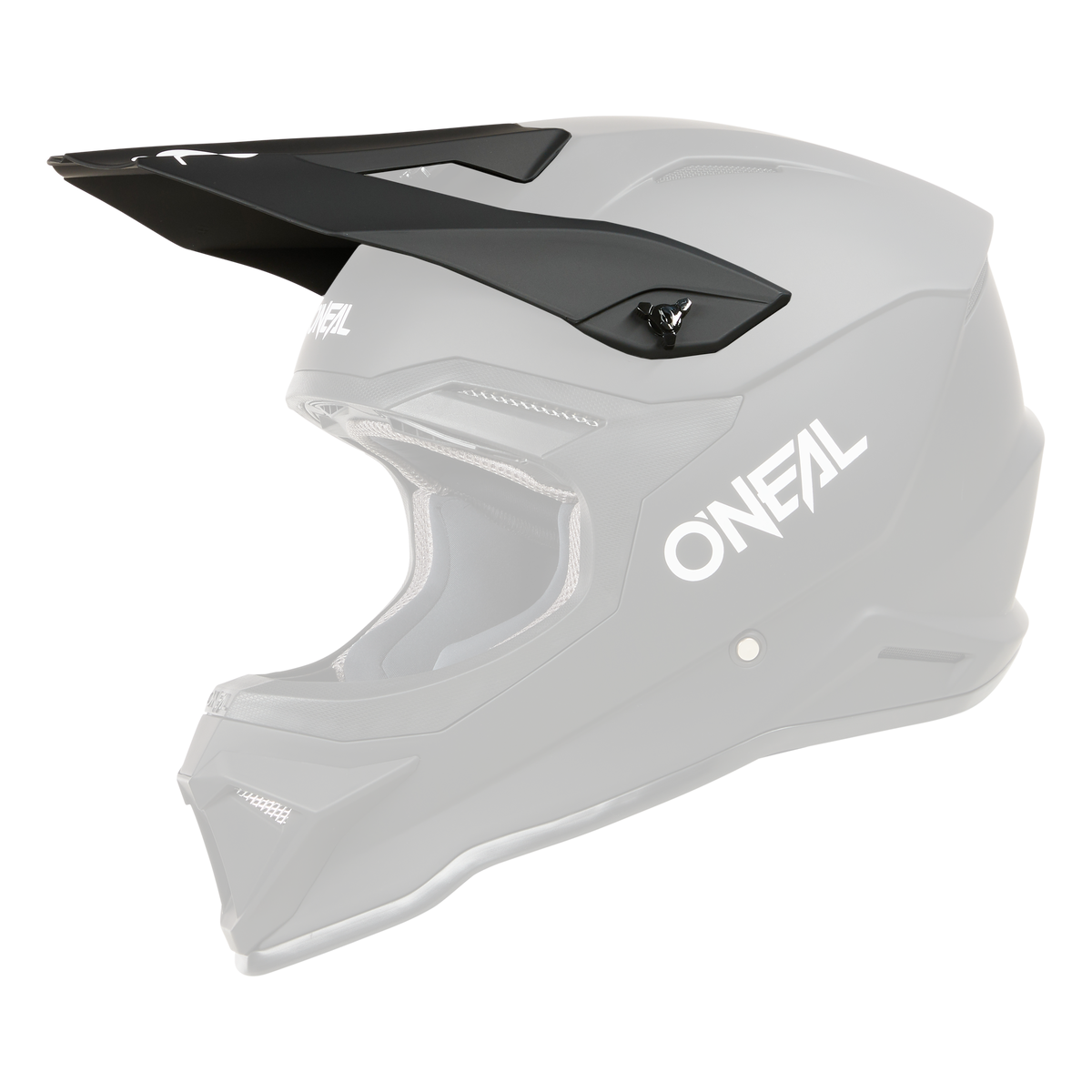 Der O'NEAL Visor 1SRS Helmet SOLID ist ein mattschwarzer Fullface-Motocross-Helm mit Visier, Kinnschutz und einem auffälligen weißen O'NEAL-Branding an der Seite, das vor einem schwarzen Hintergrund steht.