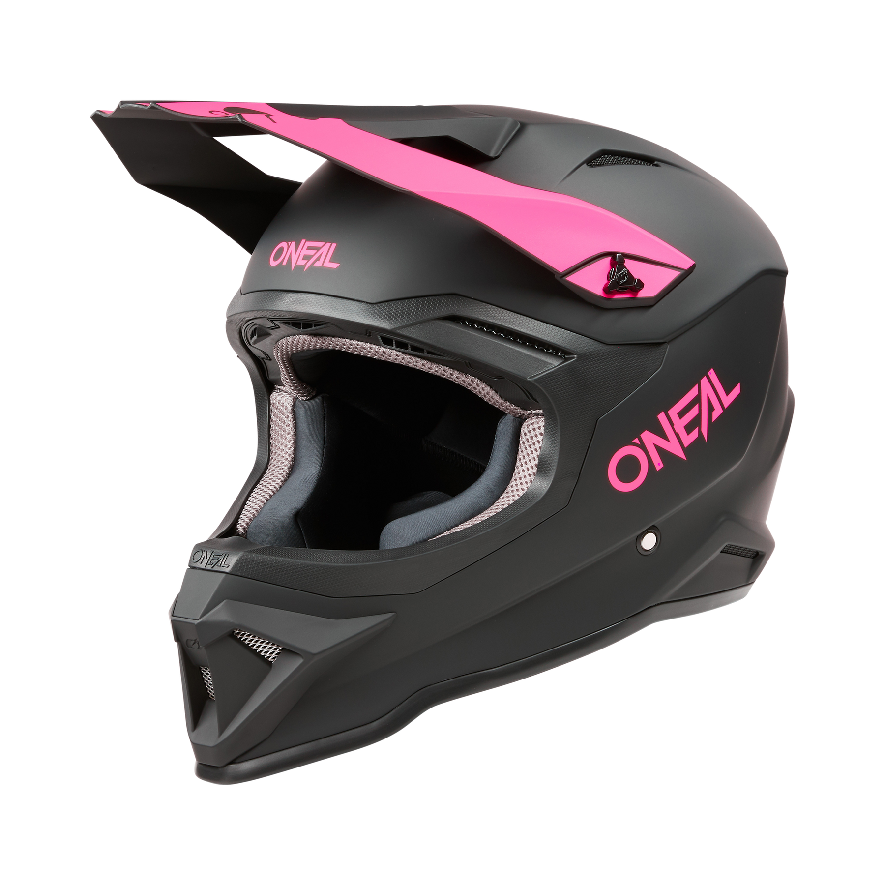 Der O'NEAL 1SRS Helm SOLID ist ein mattschwarzer Helm mit pinkfarbenem O'NEAL-Logo und Akzenten. Er verfügt über ein Visier, eine aerodynamische Form und hochwertige Technik für optimale MX-Performance.
