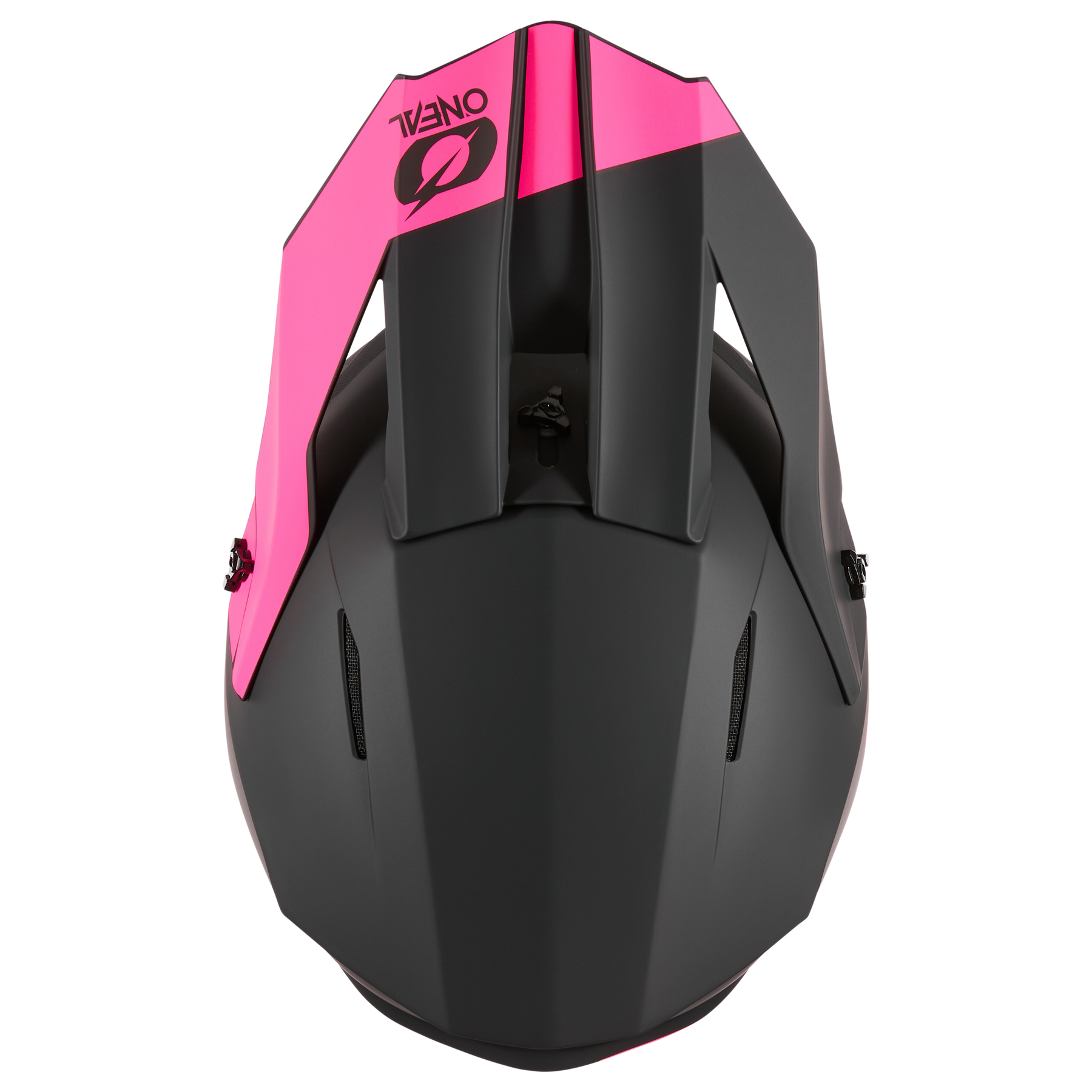 Der O'NEAL 1SRS Helm SOLID, abgebildet in mattem Schwarz und leuchtendem Pink mit dem O'Neal-Logo auf dem Frontvisier, kombiniert hochwertige Technik mit herausragendem Stil und Sicherheit.