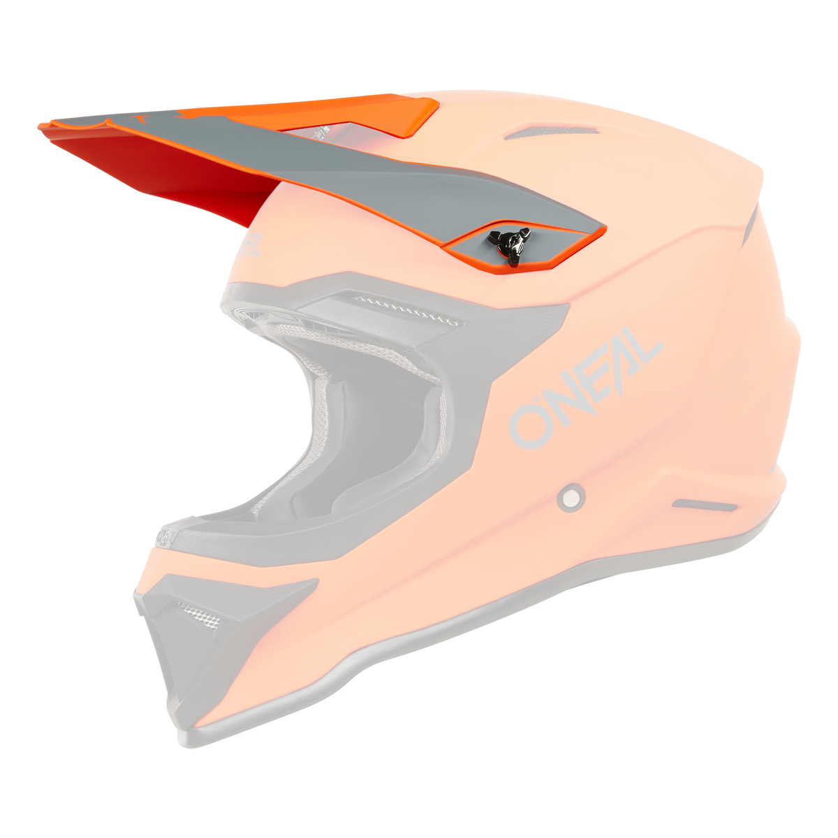 Der O'NEAL Visor 1SRS Helmet SOLID ist ein leuchtend orangefarbener Motocross-Helm mit schwarzer Innenausstattung, grauen und schwarzen Akzenten, großem Visier und Belüftungsöffnungen auf schwarzem Hintergrund.