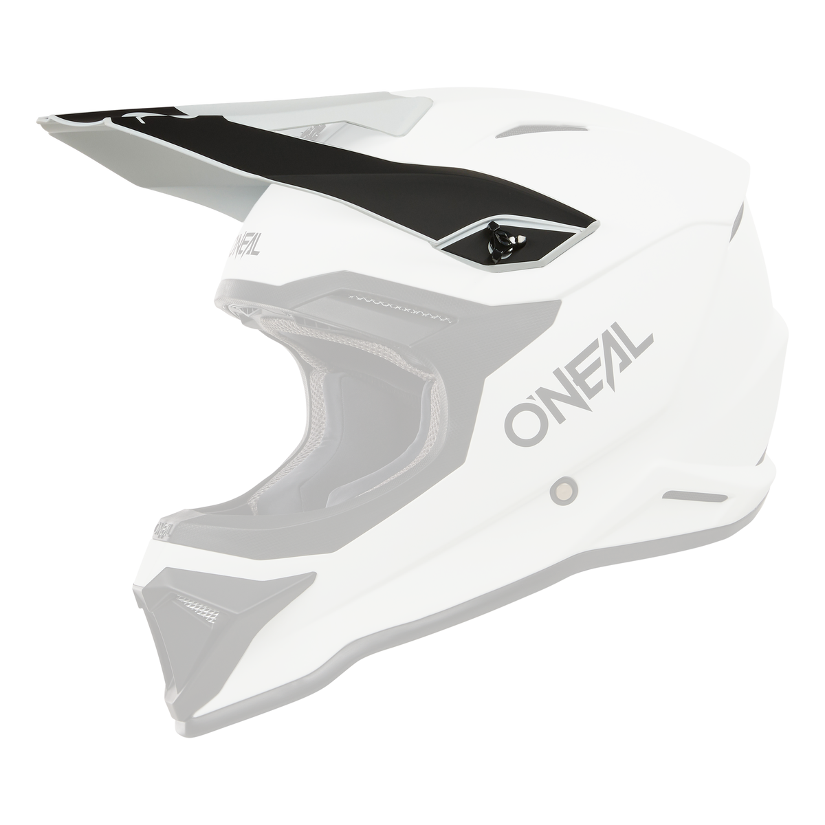 Der weiß-schwarze O'NEAL Visor 1SRS Helmet SOLID ist ein Motocross-Vollvisierhelm mit kantigem Design und Belüftungselementen in der Seitenansicht auf schwarzem Hintergrund.