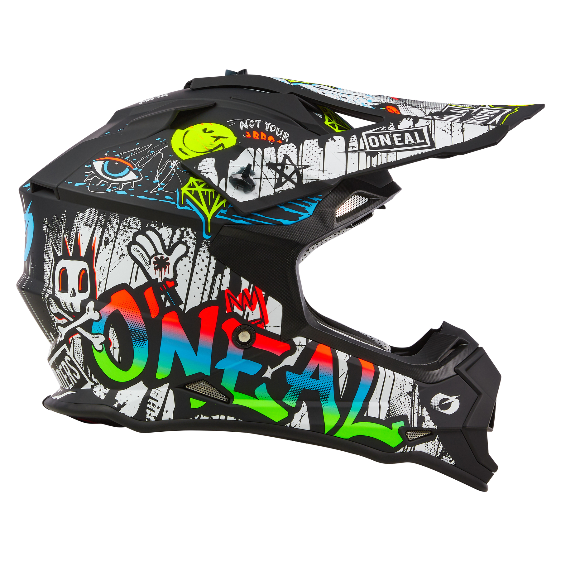 Der O'NEAL 2SRS Helm RANCID ist ein schwarzer Motocross-Helm mit Grafiken im Graffiti-Stil, Cartoon-Figuren und abstrakten Mustern - ideal für Fahrer, die einen außergewöhnlichen Stil suchen.