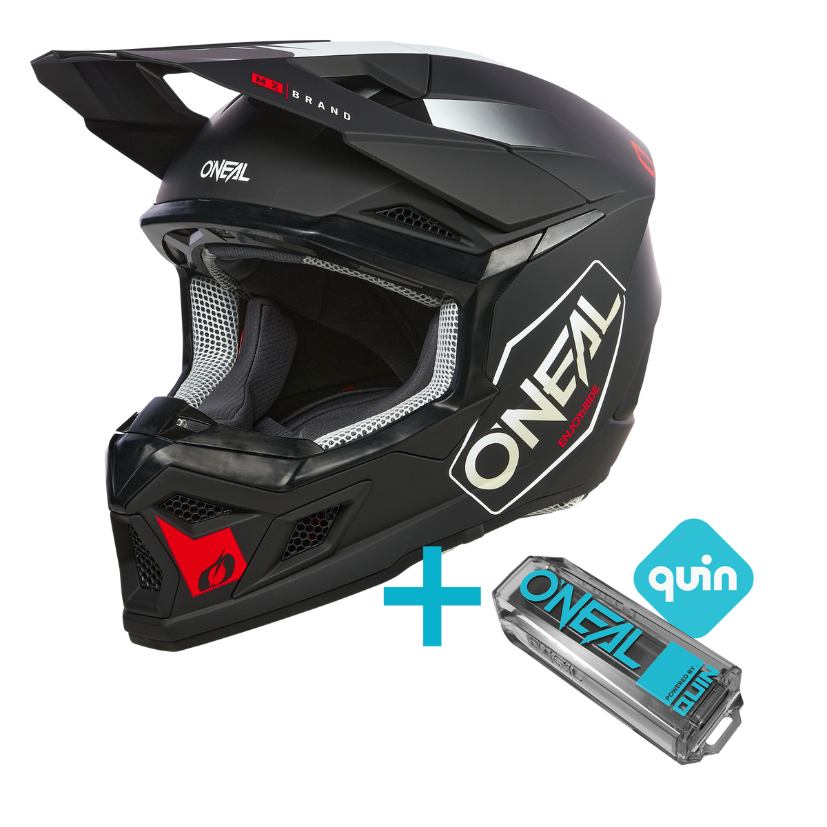 Das O'NEAL 3SRS Hexx Quin Bundle enthält einen schwarzen Integralhelm mit weiß-roten Akzenten und ein kompaktes Gerät der Marke O'NEAL mit dem Quin Pro Smart Sensor und einem blauen Quin-Logo.