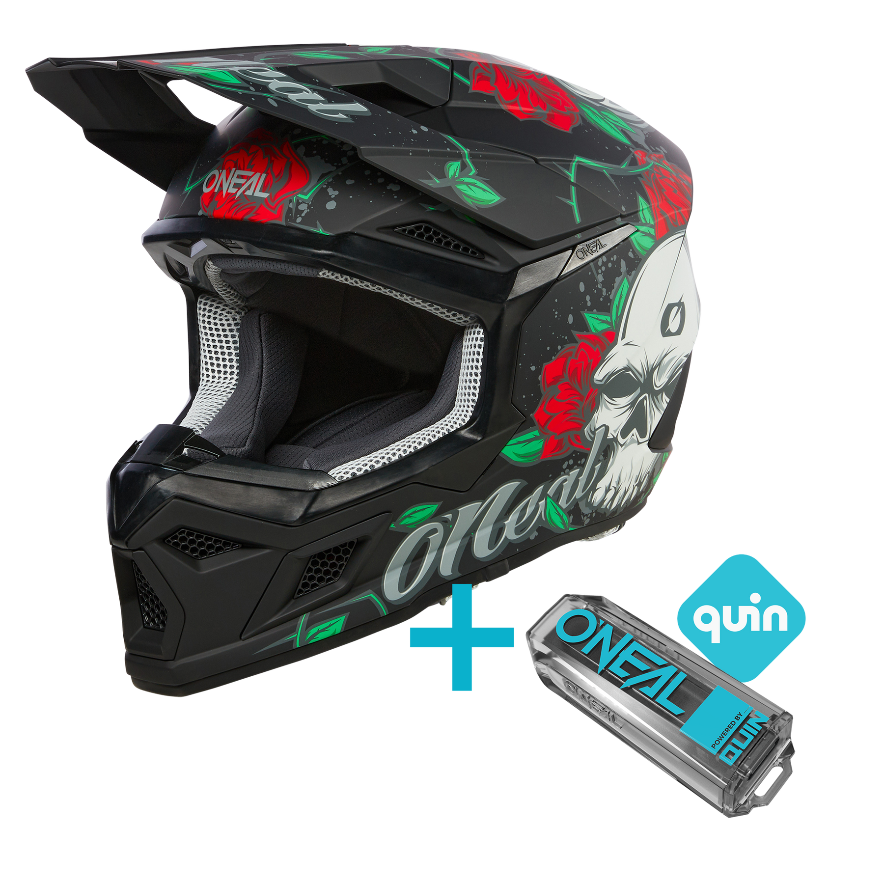 Das O'NEAL 3SRS Melancia Quin Bundle zeigt einen schwarzen O'NEAL Helm mit grün/roter Totenkopfgrafik neben einem Quin Pro Smart Sensor, getrennt durch ein blaues Pluszeichen.
