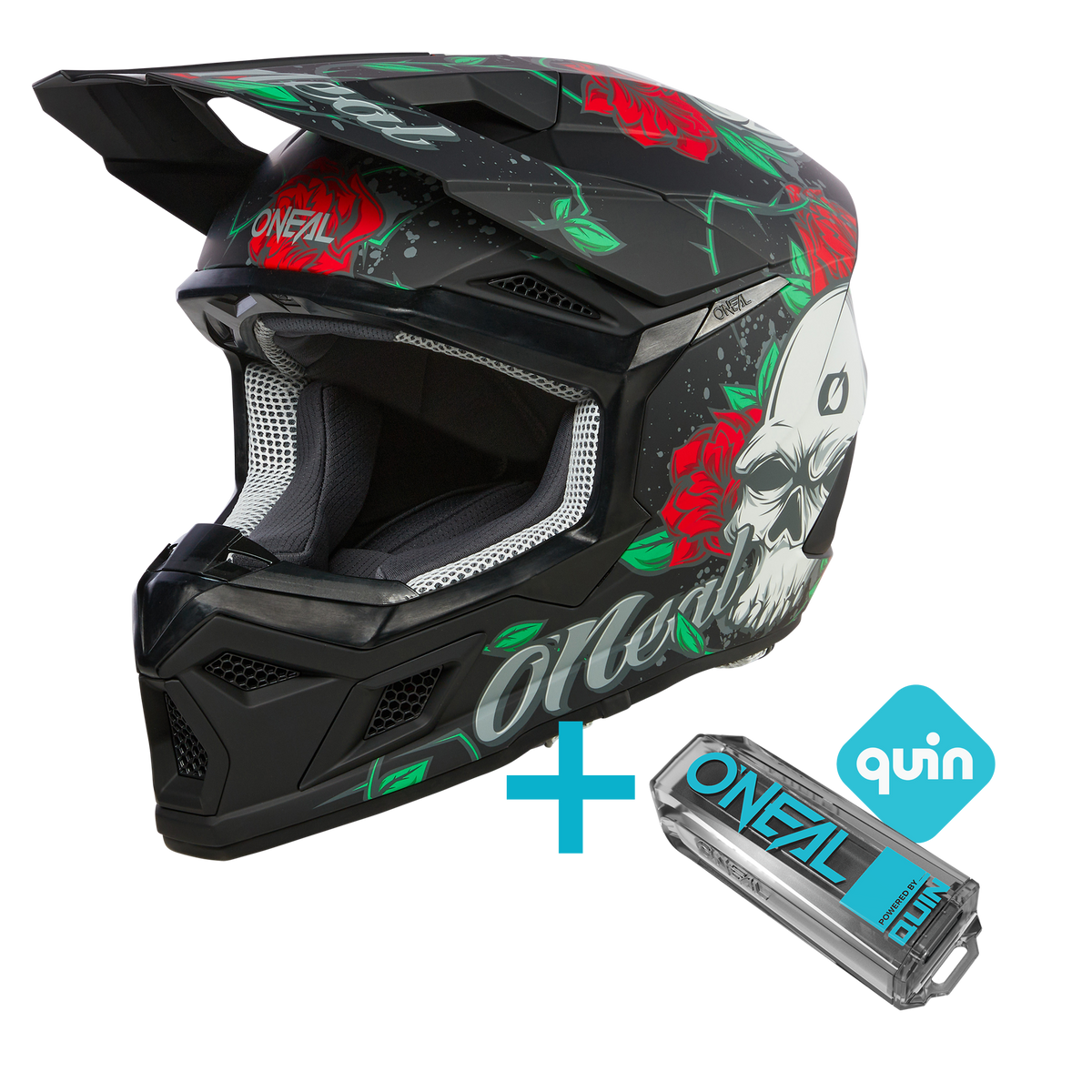 Der O'NEAL 3SRS Youth Melancia Quin Bundle ist ein schwarzer Jugend-Motocross-Helm mit roter Rose und weißer Totenkopfgrafik, der mit einem kleinen abnehmbaren Quin Smart Sensor mit der Aufschrift "Quin" und "O'Neal" ausgestattet ist - eine stilvolle Wahl für junge Fahrer.