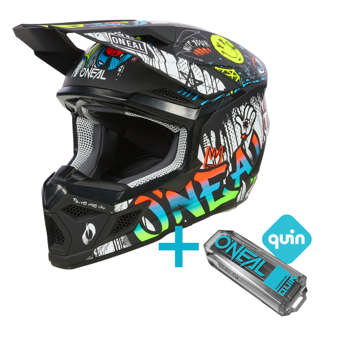 Der O'NEAL 3SRS Youth Rancid Quin Bundle, ein dynamischer Motocross-Helm für Kinder, wird zusammen mit dem integrierten Quin Smart Sensor ausgestellt, der die fortschrittliche Technologie von O'NEAL präsentiert.