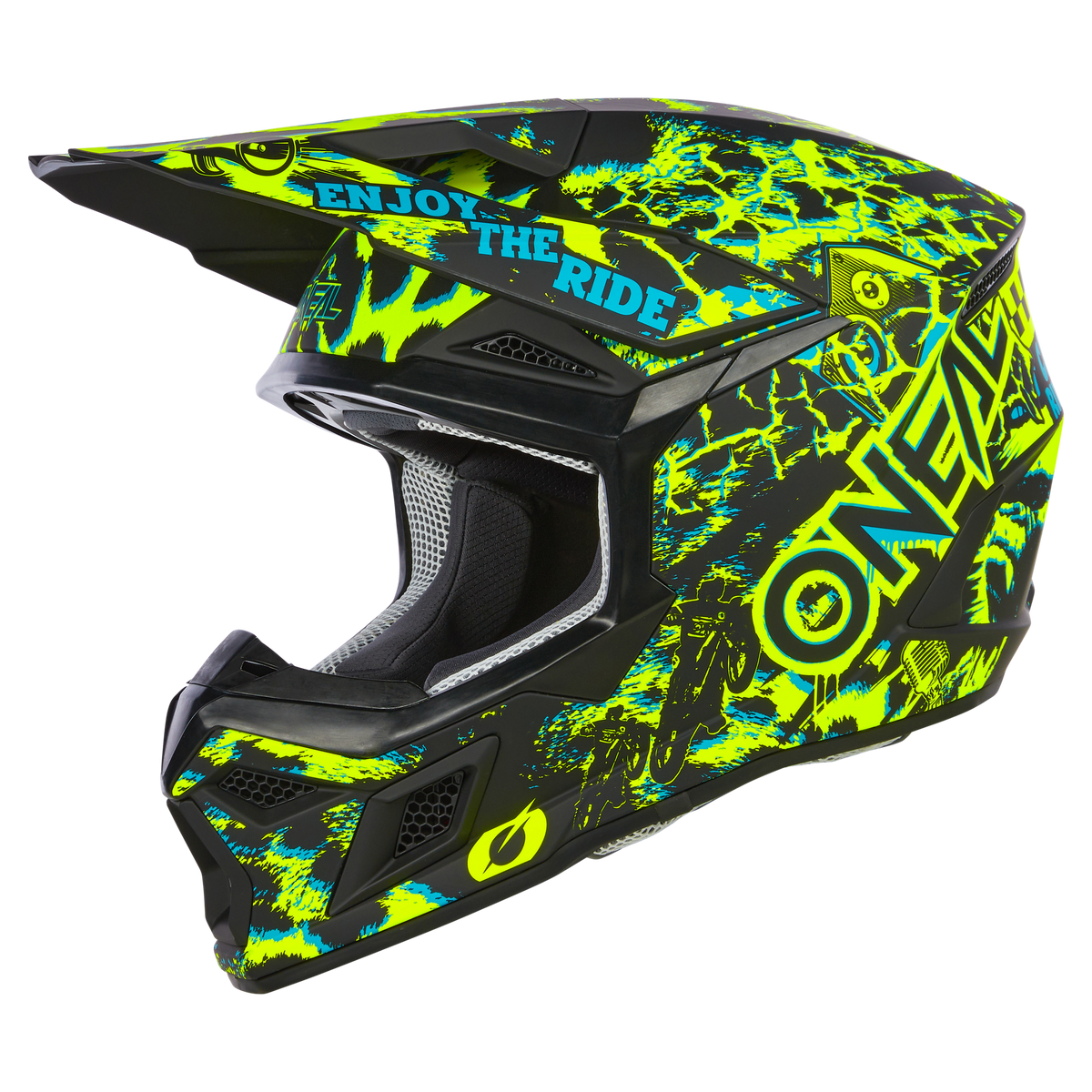 Der O'NEAL 3SRS Helm ASSAULT hat eine schwarze Basis mit neongelben und blauen abstrakten Mustern, Belüftungsöffnungen, ein Visier und "ENJOY THE RIDE" über der Öffnung - ideal für Ihr nächstes Rennen.