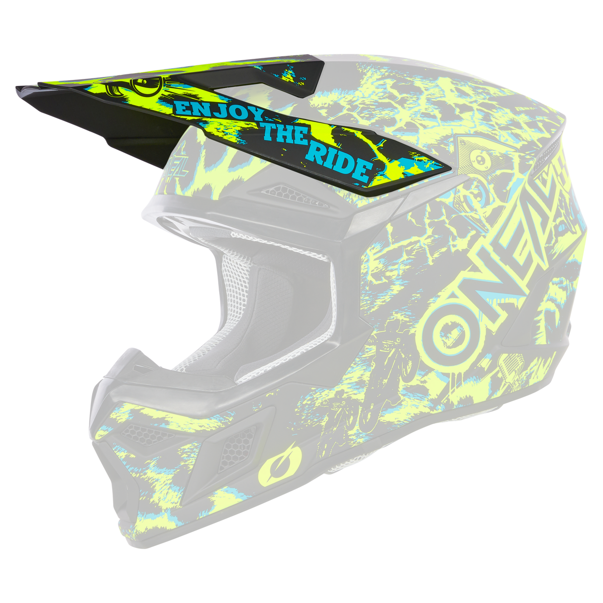 Der O'NEAL Visor 3SRS Helmet ASSAULT ist ein Motocross-Helm mit schwarzer Basis und leuchtend gelb-grüner, blauer und weißer Grafik. "ENJOY THE RIDE" und die Marke O'NEAL erscheinen an der Seite.