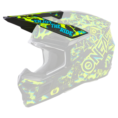 Der O'NEAL Visor 3SRS Helmet ASSAULT ist ein Motocross-Helm mit schwarzer Basis und leuchtend gelb-grüner, blauer und weißer Grafik. "ENJOY THE RIDE" und die Marke O'NEAL erscheinen an der Seite.
