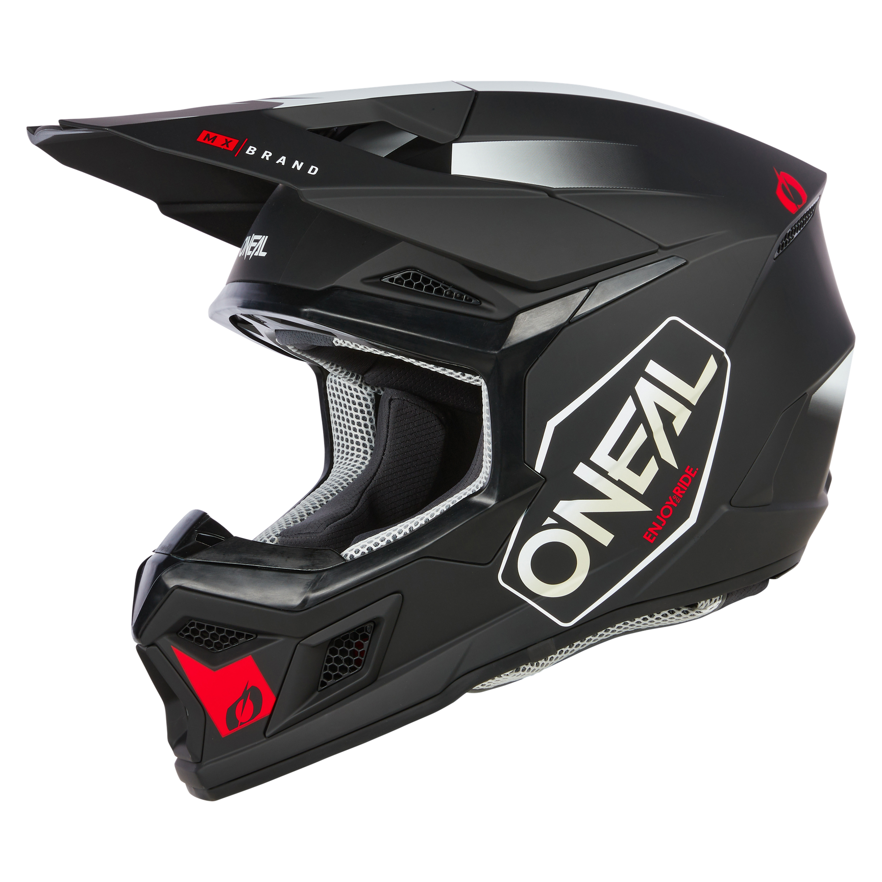 Ein schwarzer O'NEAL 3SRS Helm HEXX Vollvisier-Motocross-Helm mit dem markanten weißen O'NEAL-Logo und roten Akzenten an der Seite und am Kinn auf weißem Hintergrund.