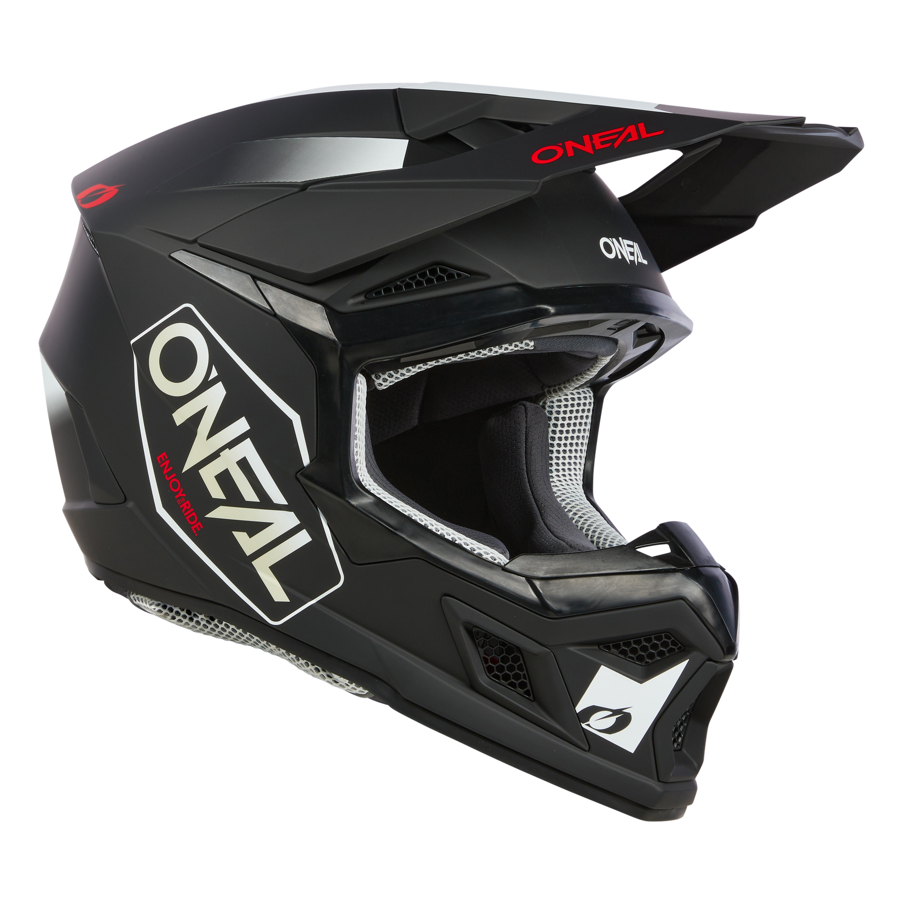 Der O'NEAL 3SRS Helm HEXX ist ein mattschwarzer Motocross-Helm mit weißen und roten Akzenten, einem großen Seitenlogo, einem markanten Visier, Belüftungsöffnungen und einer gepolsterten Innenausstattung - ideal für Ihre nächste Rennsession.