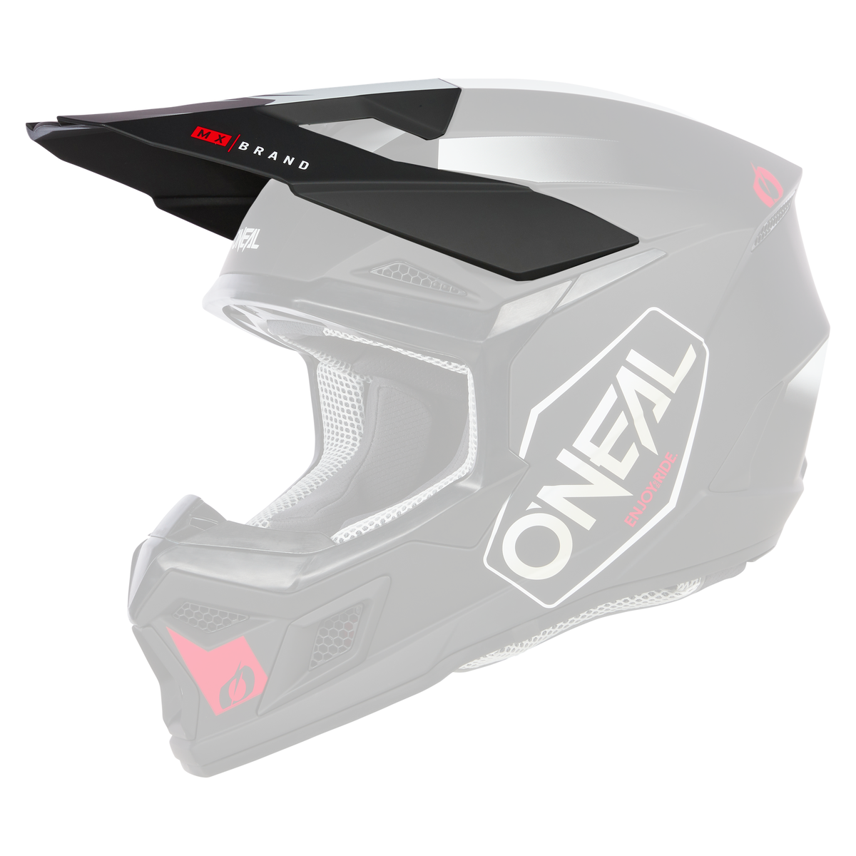 Der O'NEAL Visor 3SRS Helmet HEXX ist ein schwarzer Fullface-Motocross-Helm mit weißen und roten Akzenten, einem Visier, mehreren Belüftungsöffnungen, einem aerodynamischen Design und dem O'NEAL-Logo an der Seite.