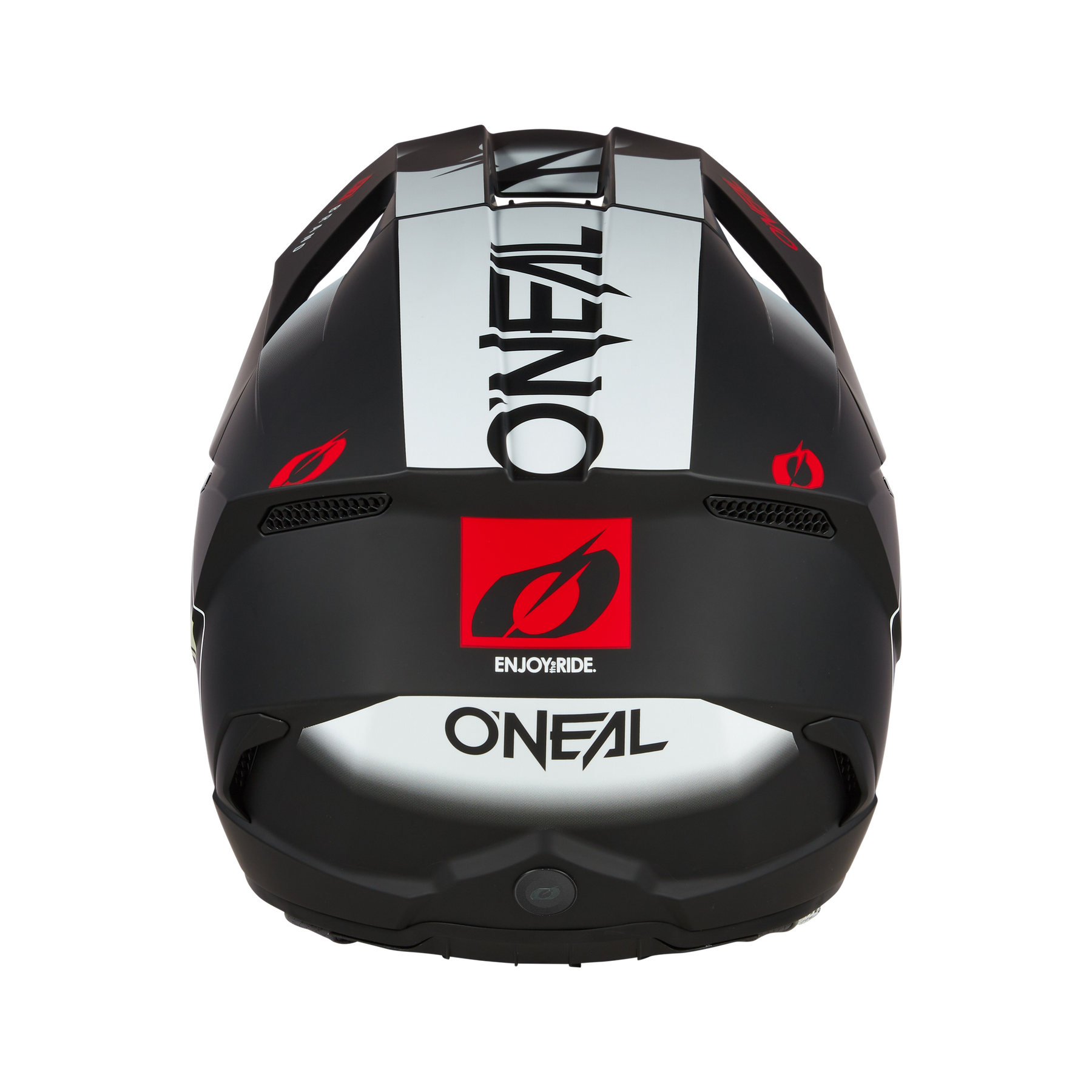 Der O'NEAL 3SRS Helm HEXX in Schwarz und Weiß zeigt auf der Rückseite ein auffälliges O'NEAL-Logo, ein rotes ENJOY RIDE"-Viereck und eine stilisierte Blitzgrafik.