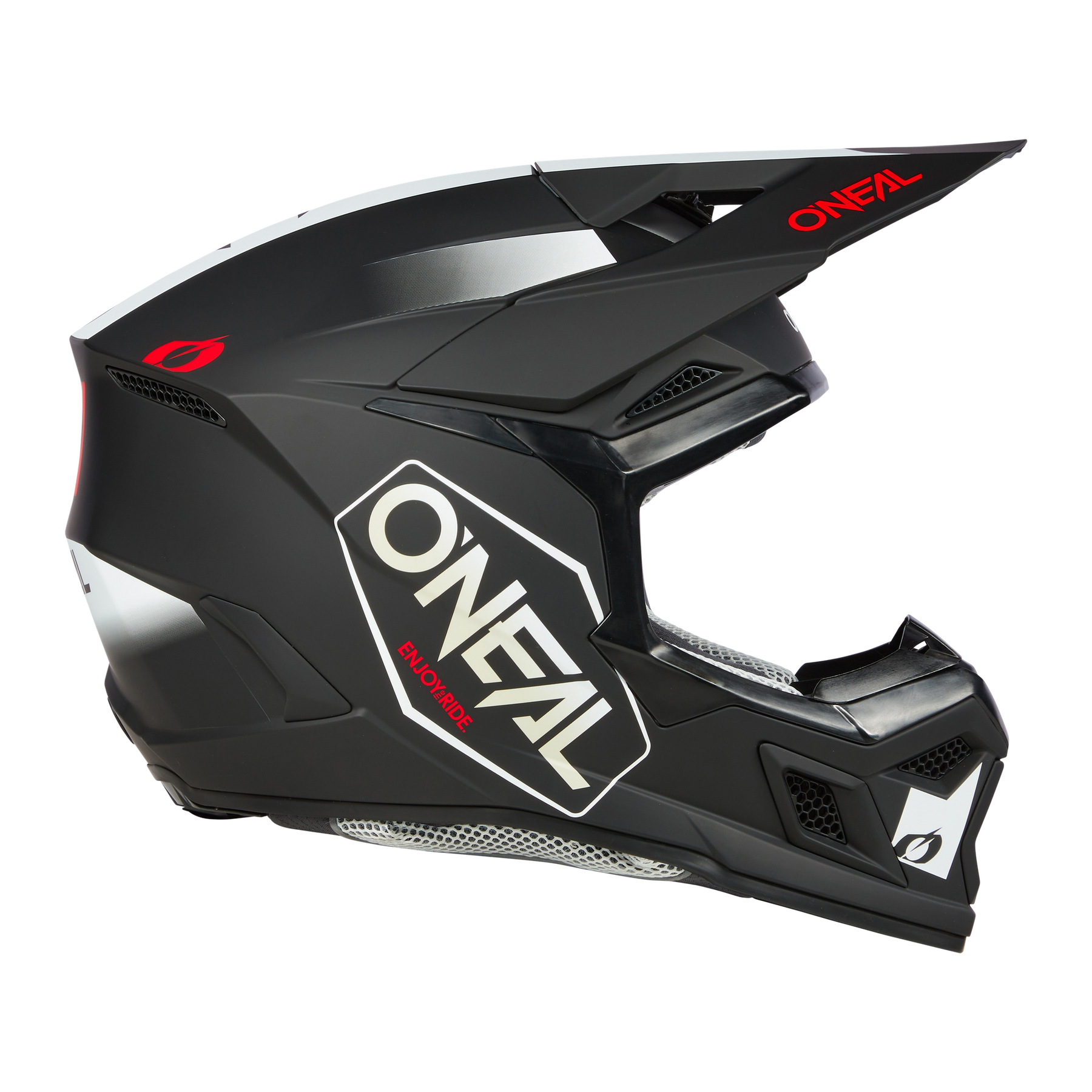 Der O'NEAL 3SRS Helm HEXX ist ein schwarzer Fullface-Motocross-Helm mit weißen und roten Akzenten und auffälligen O'NEAL-Logos an der Seite und am Visier - ideal für Ihre nächste Rennsession.