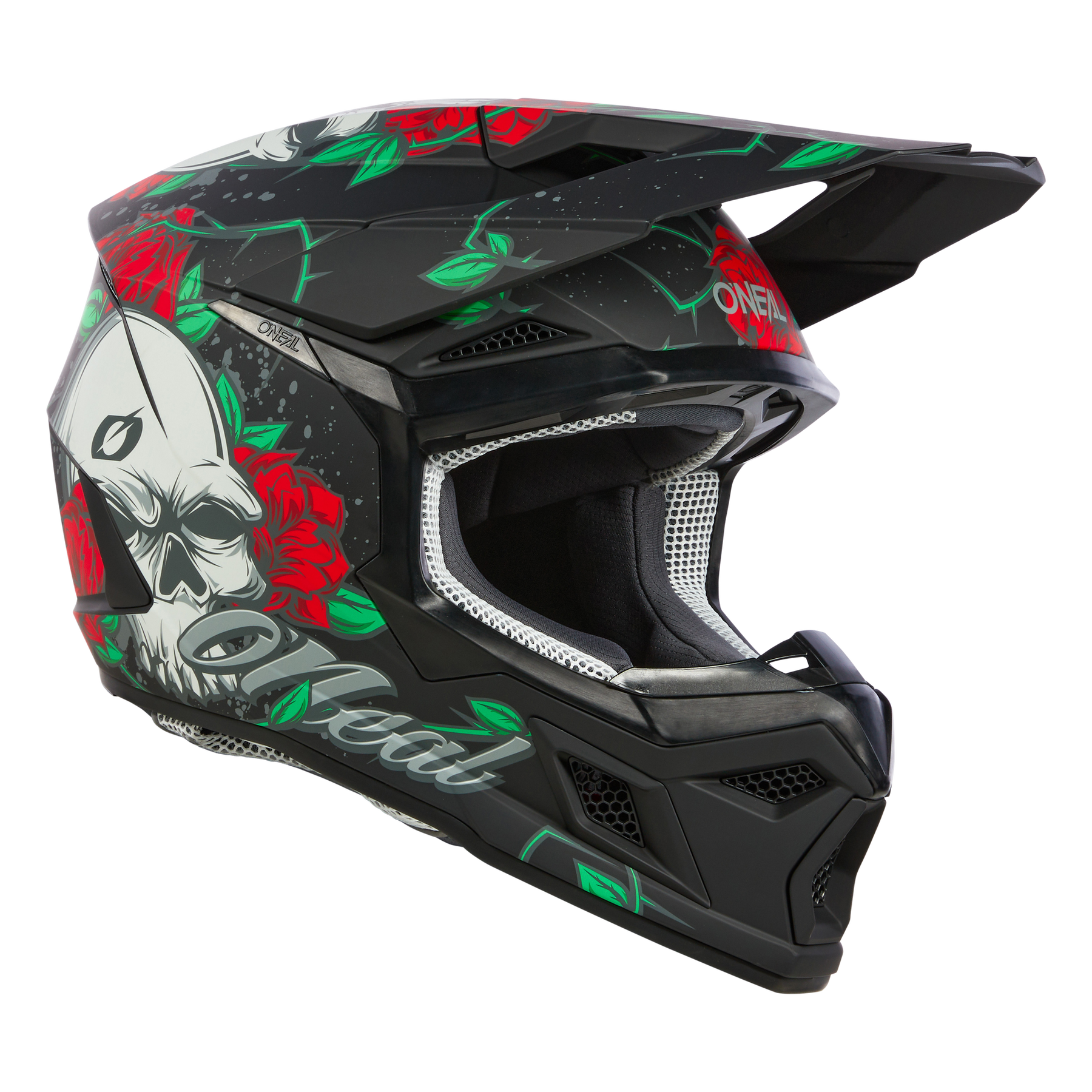 Der O'NEAL 3SRS Helm MELANCIA ist ein schwarzer Motocross-Helm mit roter Rose, weißem Totenkopf und grüner Blattgrafik sowie dem Schriftzug "O'Neal". Er verfügt über ein Visier und Belüftungsöffnungen für Komfort und Stil.
