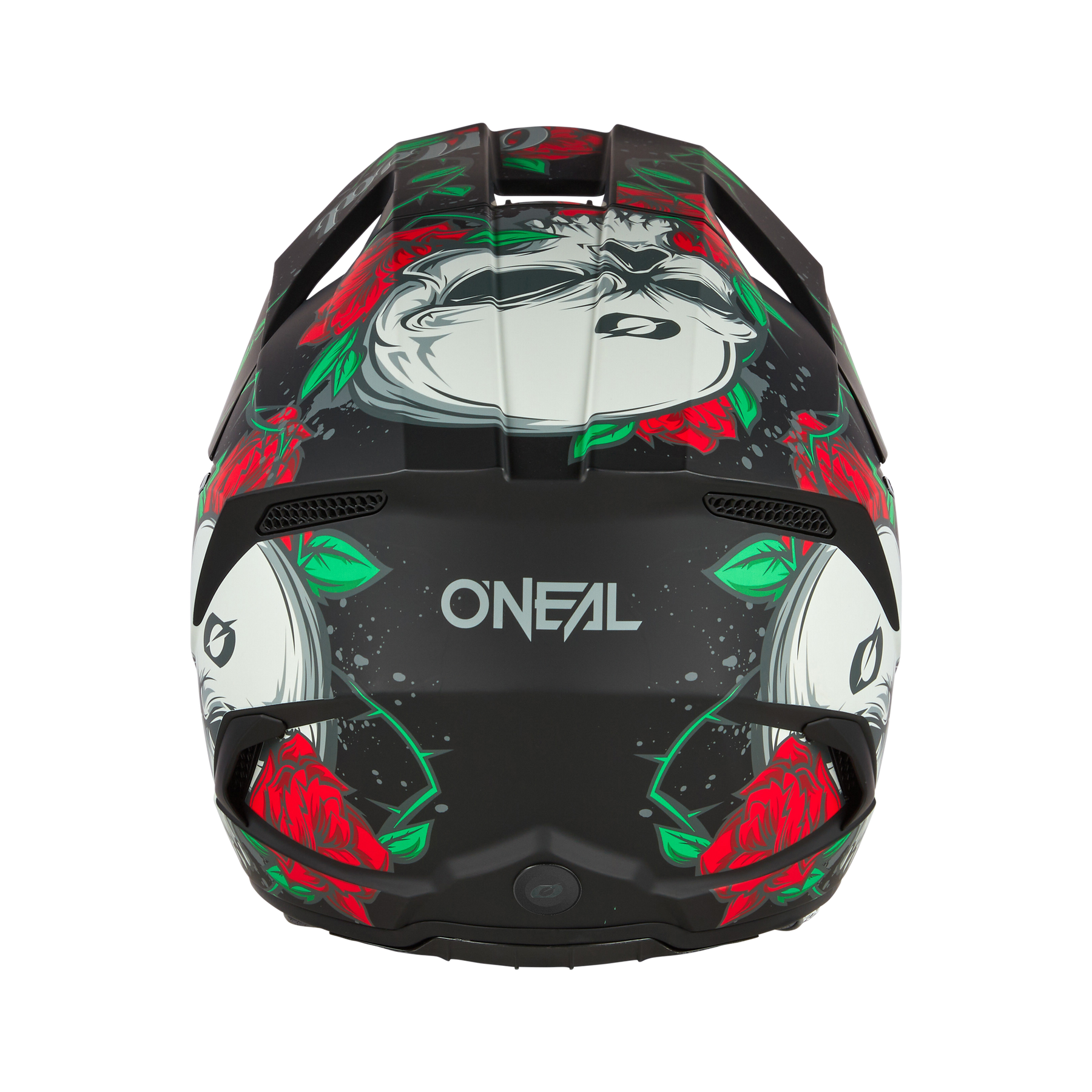 Der O'NEAL 3SRS Helm MELANCIA ist ein schwarzer Helm mit auffälliger roter Rosengrafik und auffälligen weißen Totenkopfillustrationen auf der Oberseite und an den Seiten, dargestellt von vorne.
