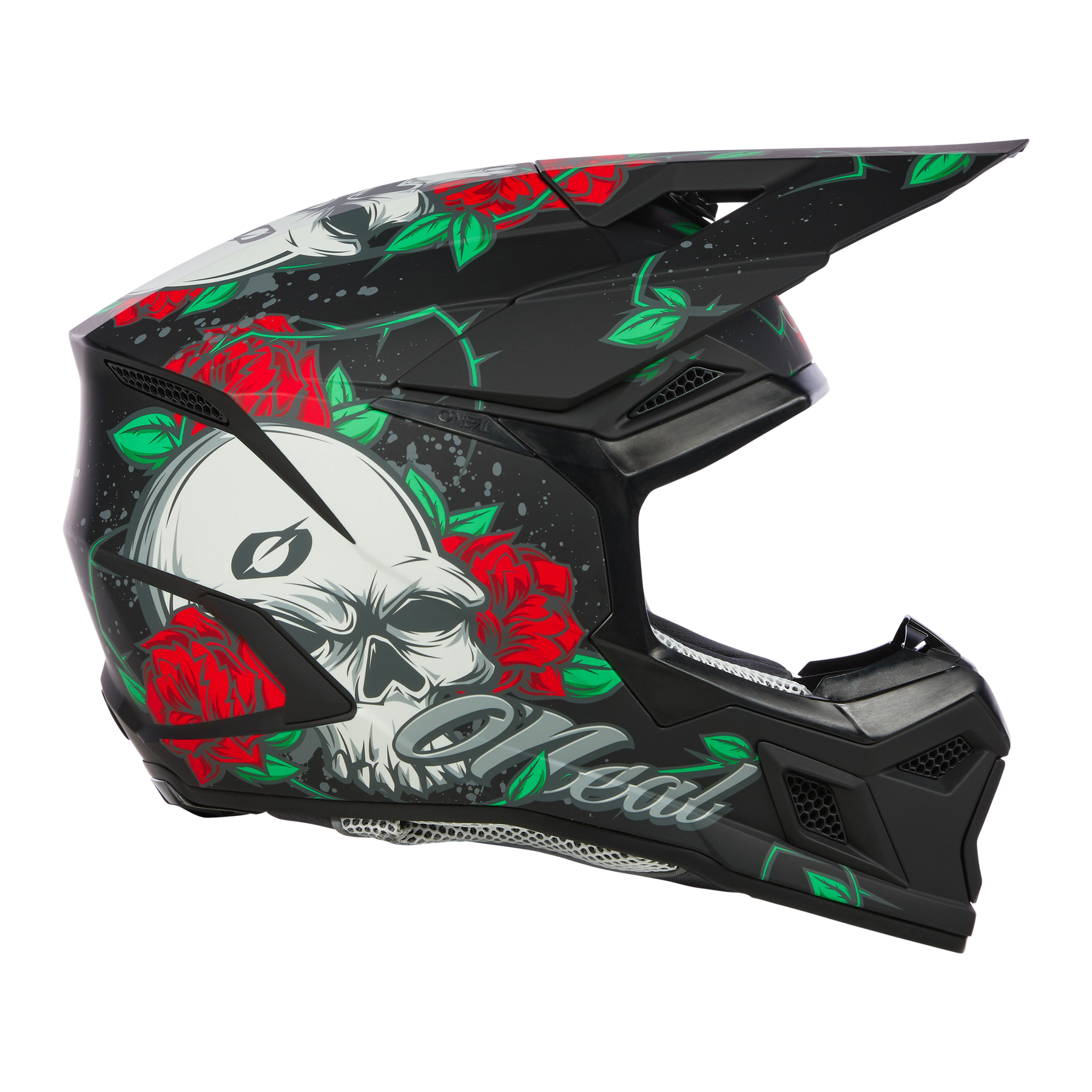 Der O'NEAL 3SRS Helm MELANCIA zeichnet sich durch eine auffällige Grafik mit Totenköpfen, roten Rosen und grünen Blättern auf schwarzem Grund sowie dem "Metal"-Schriftzug aus - eine ideale Wahl für Motocross-Fans, die einen auffälligen Stil suchen.