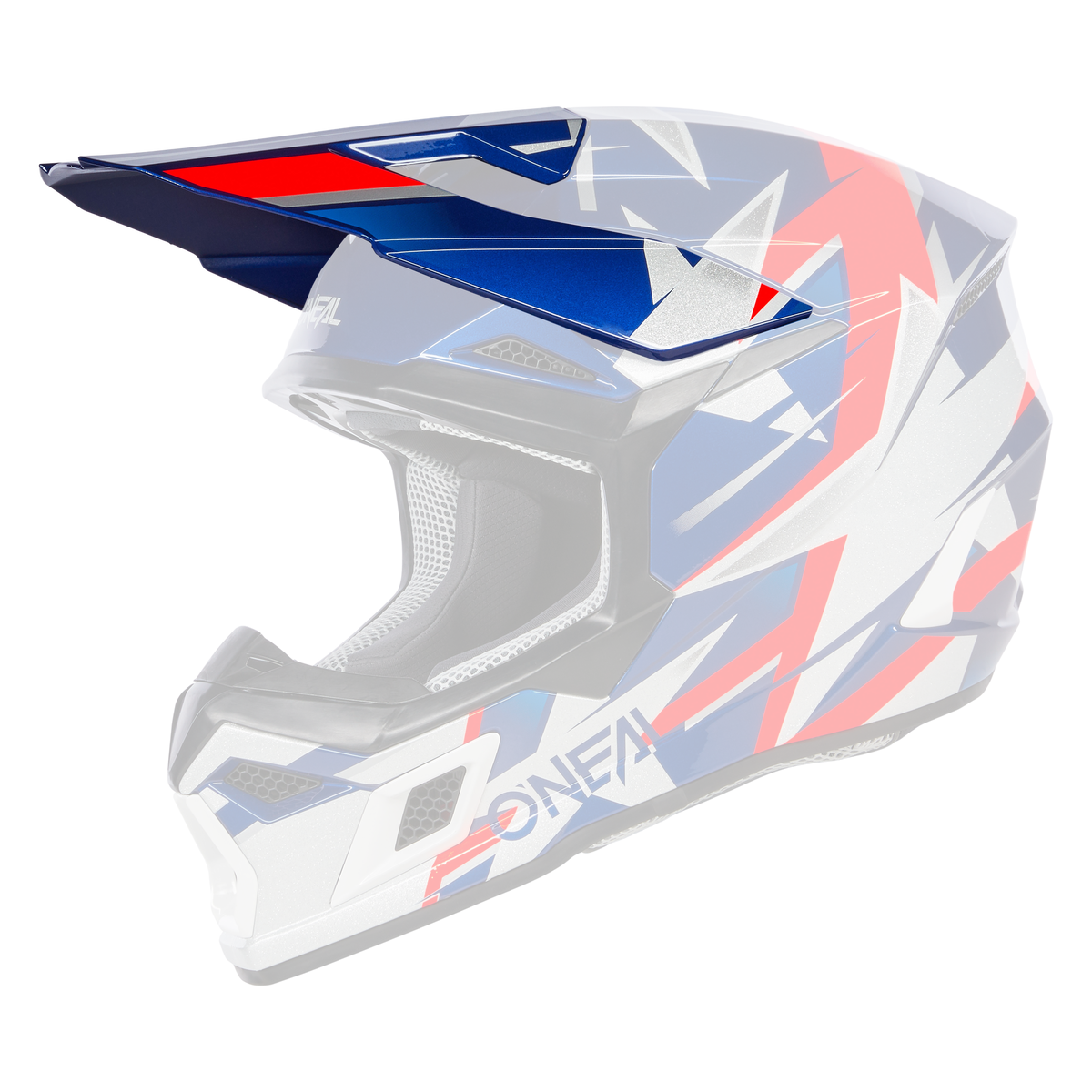 Der O'NEAL Visor 3SRS Helmet RIDE ist ein Vollvisier-Motocross-Helm mit einem Visier und einem blau-rot-weißen geometrischen Design. Der Markenname O'NEAL ist an der Seite angebracht.