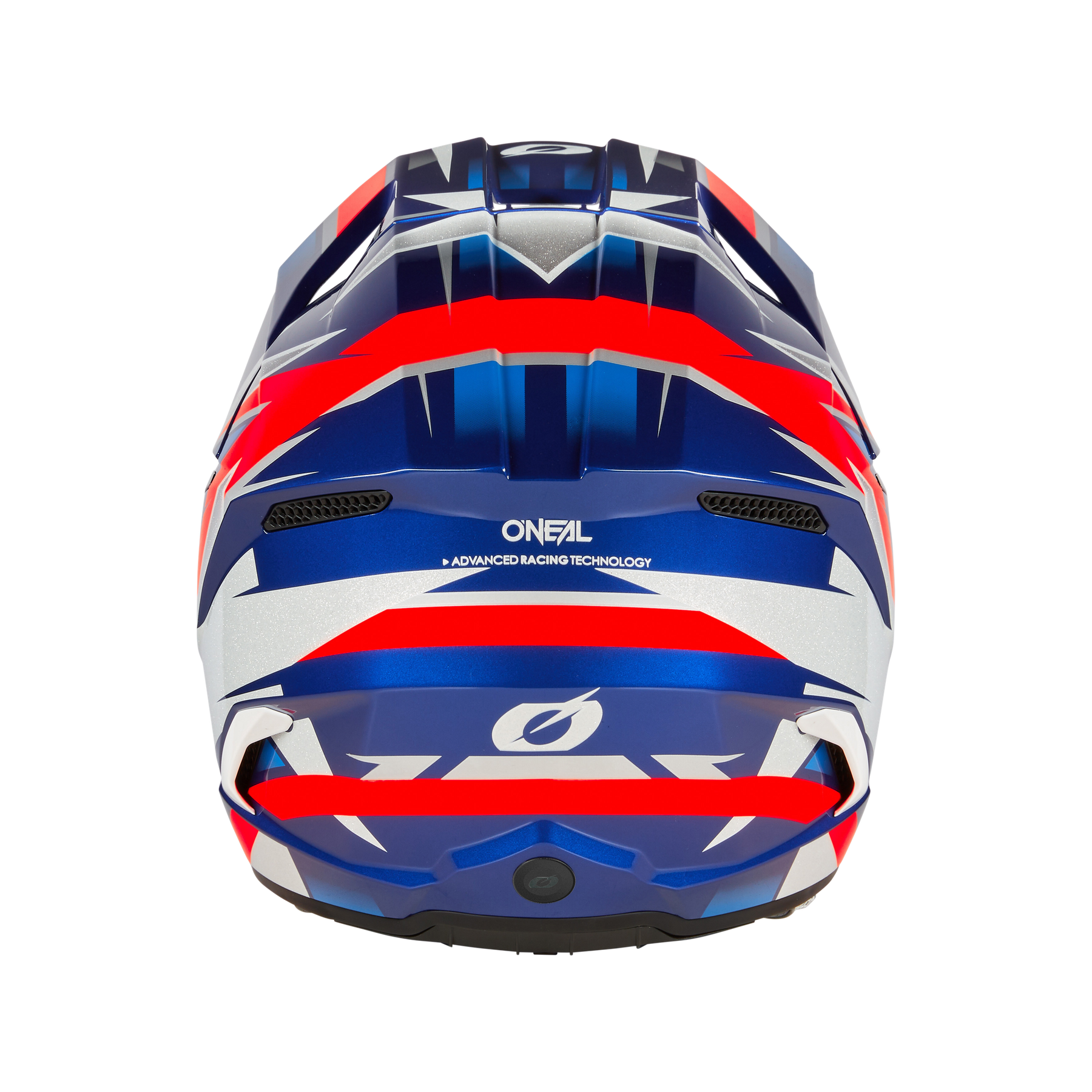 Draufsicht auf den O'NEAL 3SRS Helm RIDE by O'NEAL, der ein auffälliges geometrisches Muster in Rot, Weiß und Blau mit Lüftungsöffnungen aufweist - ideal für Motocross-Fans.