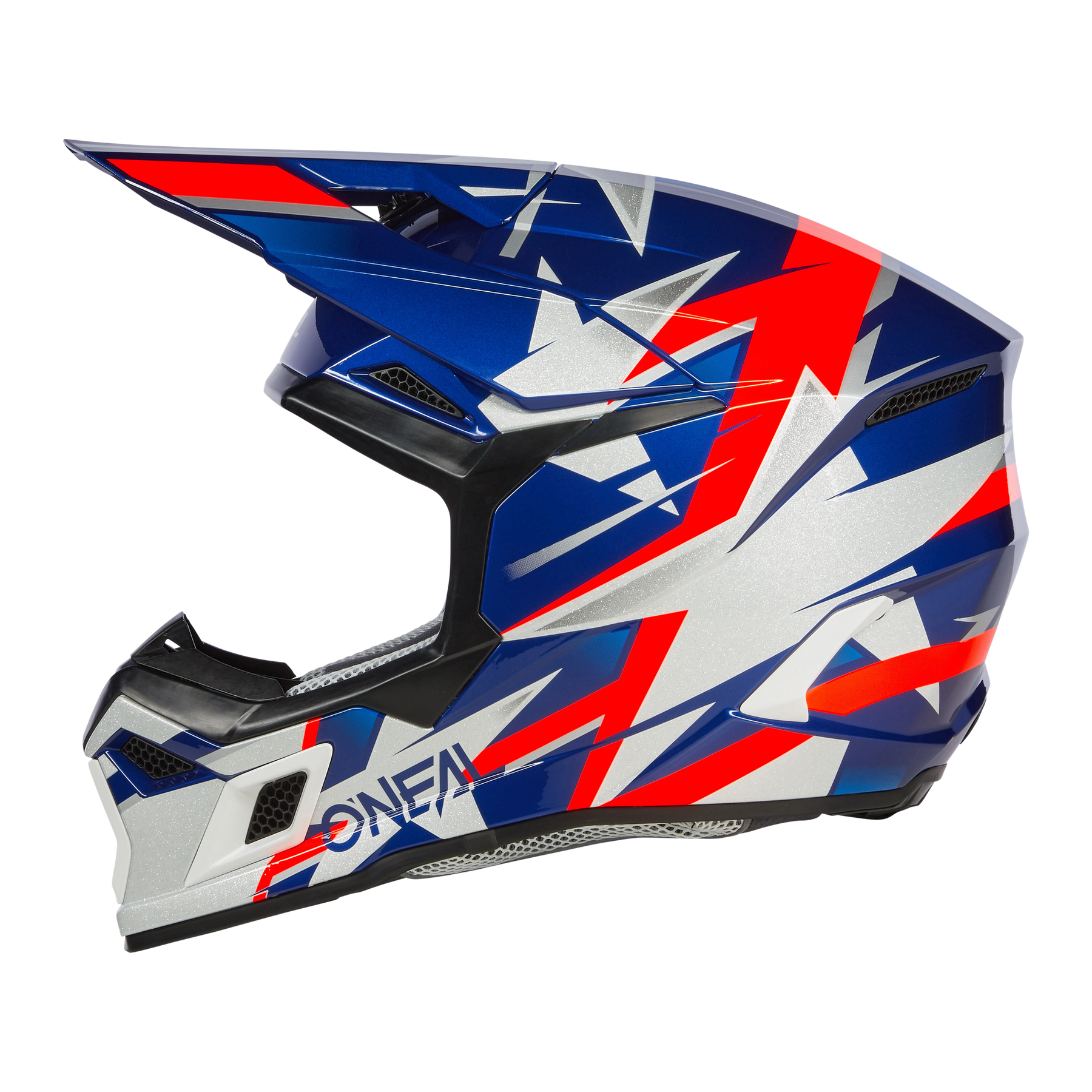 Der O'NEAL 3SRS Helm RIDE ist ein Fullface-Motocross-Helm von O'NEAL mit einem auffälligen geometrischen Design in Blau, Rot und Weiß, seitlichem O'NEAL-Branding, einem Visier und effektiver Belüftung.
